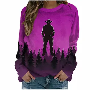 Женские свитшоты Lemoiitea Стильный западный ковбойский принт, длинный рукав, повседневный свободный крой, круглый вырез горловины, пуловеры, блузки, топы, весенние осенние свитшоты для отдыха - Фото 1