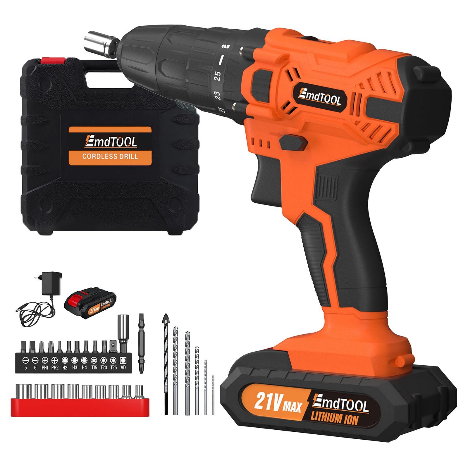 21V Lithium-Ion Акумуляторний дриль Набір 25+1 2x 1.3Ah акумулятор & 1H швидкий зарядний пристрій 45Nm LED 29 шт Свердла, фото №1