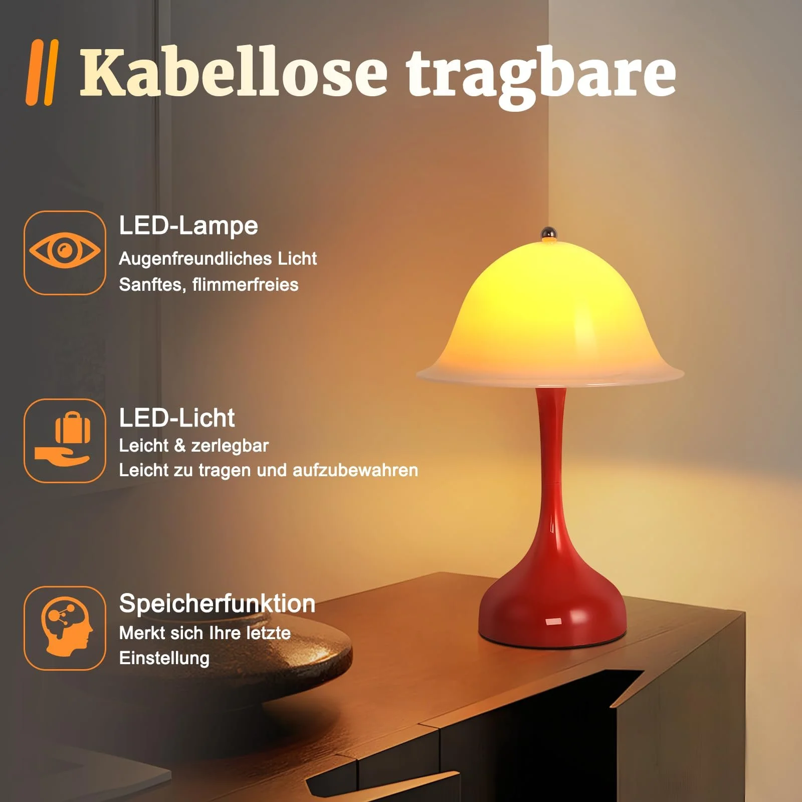 Настільна лампа LED Акумуляторна Сенсорна Димер 2000 K - 6500 K USB Red, фото №4