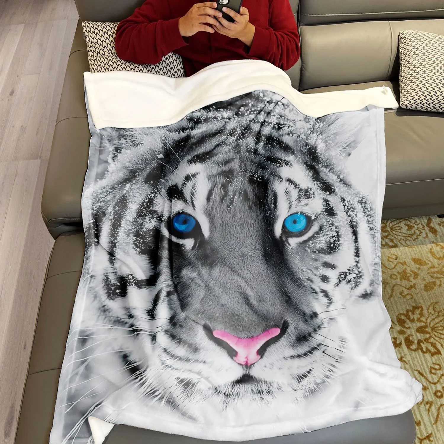 Одеяло Violetpos Флисовое Мягкое Теплое Уютное Фланелевое для дивана Сибирский Тигр Голубые Глаза 150 x 200 см, фото №5