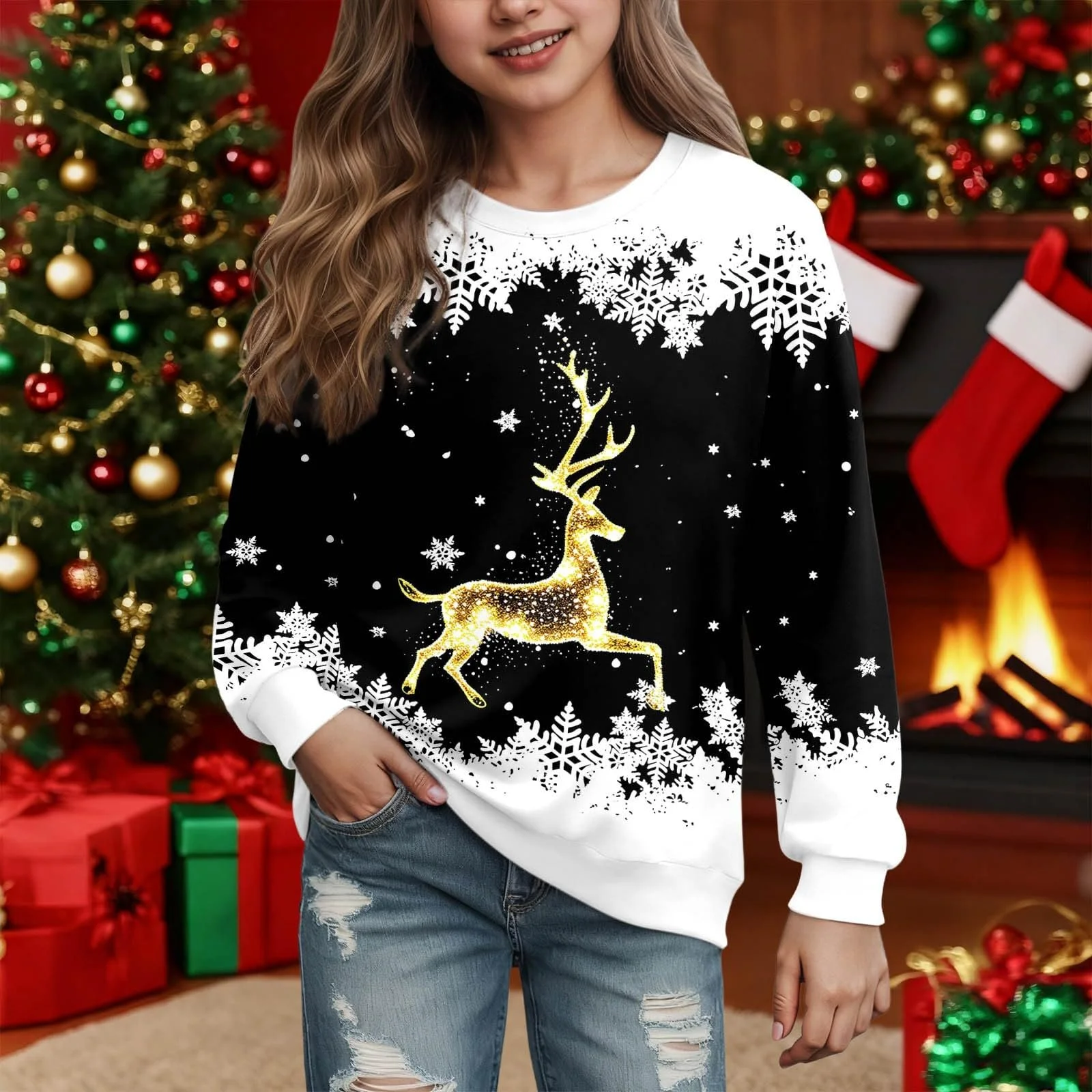 Рождественский джемпер для девочек Золотой олень Принт Забавный рождественский джемпер Рождественская одежда Рождественская толстовка Длинный рукав Детский Длинный рукав Круглый вырез Зимняя рождественская одежда Джемпер для девочек-подростков, фото №3