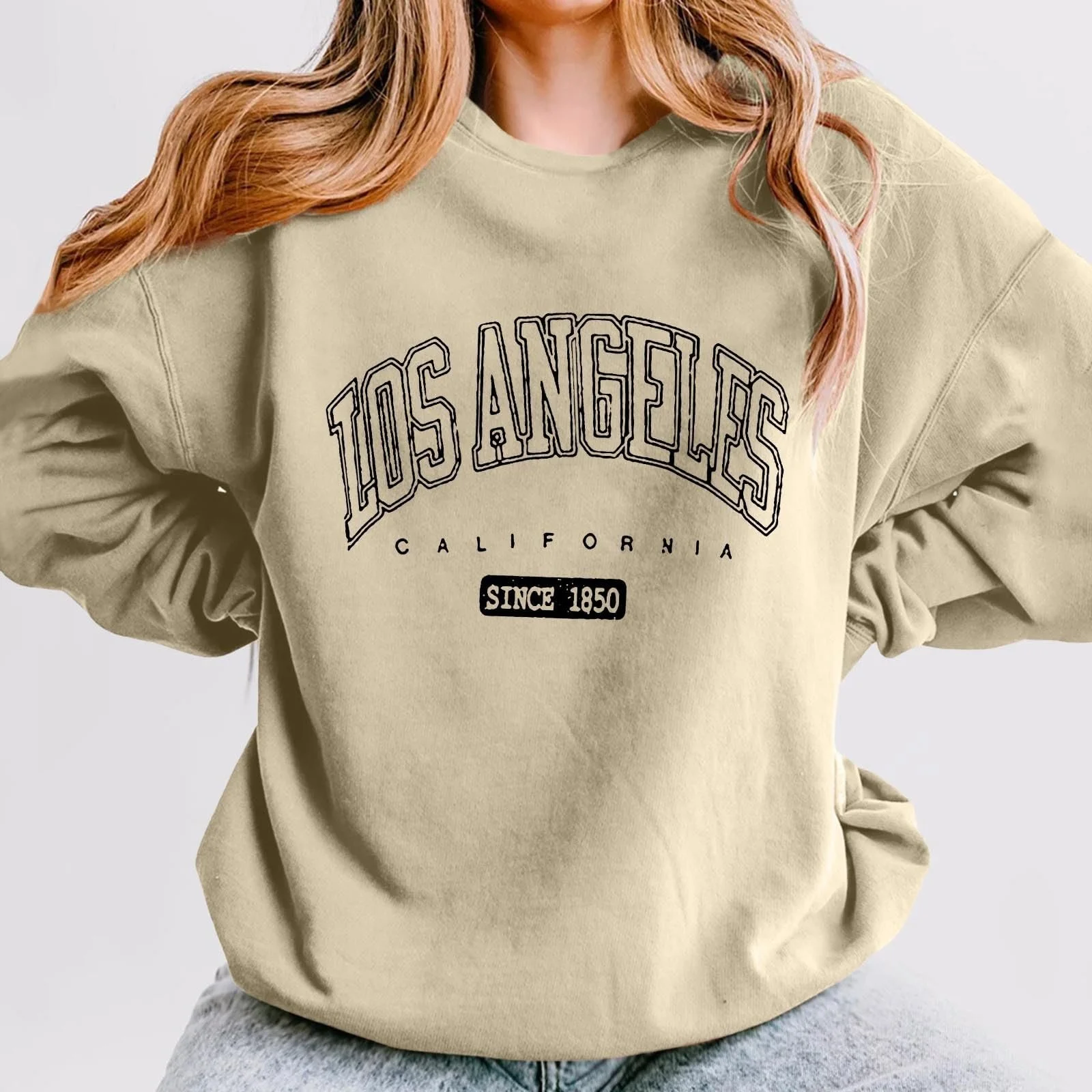 Женский свитшот California В винтажном стиле, большие буквы, одежда свободного кроя Los Angeles, California, буквенный принт, графический, эстетичный, милый, круглый вырез, длинный рукав, фото №2