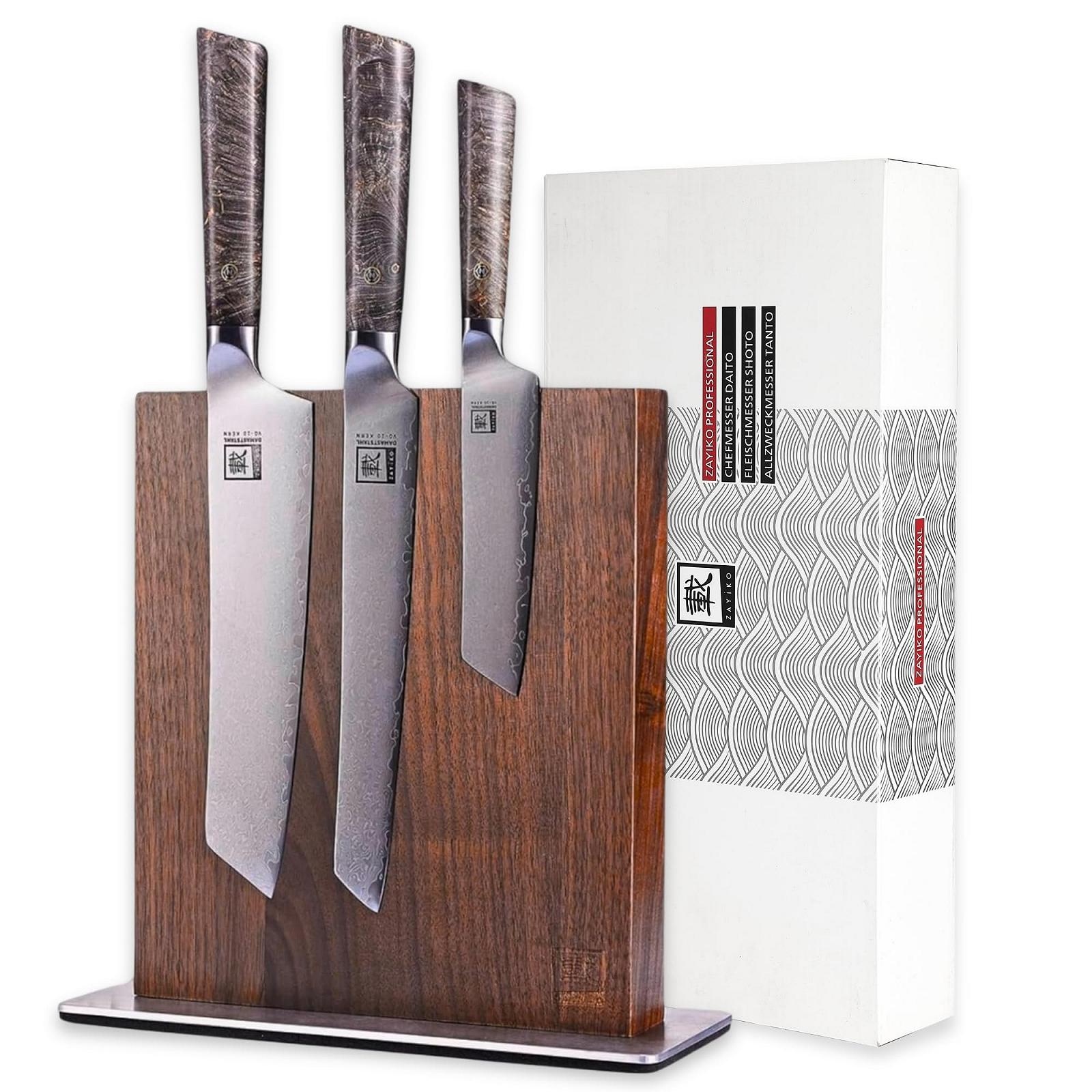 Набір ножів Zayiko Professional Series Premium 3 Damascus: ніж шеф-кухаря 20 см, ніж для м'яса 20 см, універсальний ніж 12 см, дамаська сталь, руків'я з клену, з блоком для ножів, фото №1