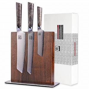 Набір ножів Zayiko Professional Series Premium 3 Damascus: ніж шеф-кухаря 20 см, ніж для м'яса 20 см, універсальний ніж 12 см, дамаська сталь, руків'я з клену, з блоком для ножів - Фото 1