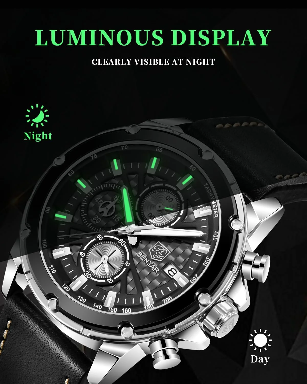 Чоловічий годинник BY BENYAR Кварцовий Хронограф Шкіряний Ремінець Чорний, фото №5
