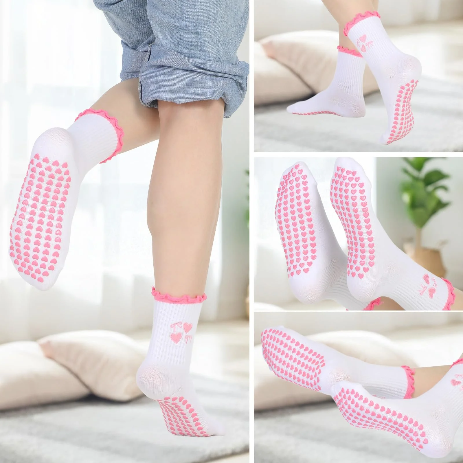 Носки для пилатеса с фруктовым мотивом, нескользящие, 2 шт. Бело-розовые (S-XXL), фото №4