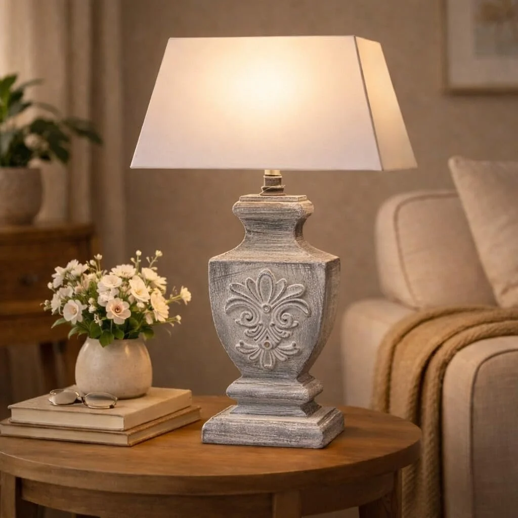 Настільна лампа DRULINE Shabby Chic сіра дерев'яна основа з абажуром 1 x E27 37 x 53 x 17 см, фото №7