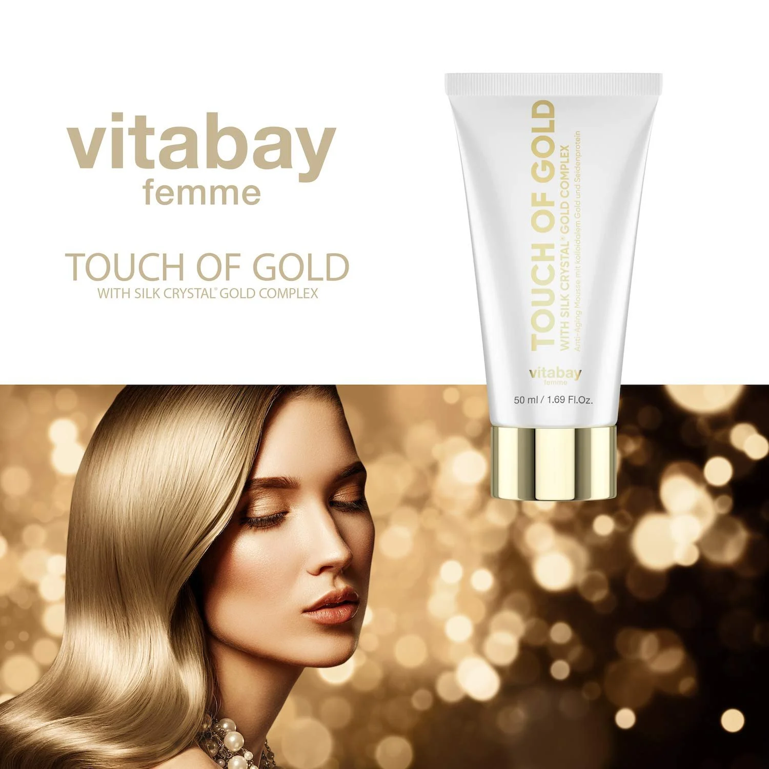 Антивіковий крем Vitabay Touch of Gold 20 PPM з колоїдним золотом та шовком 50 мл, фото №3 Антивіковий крем Vitabay Touch of Gold 20 PPM з колоїдним золотом та шовком 50 мл, фото №3