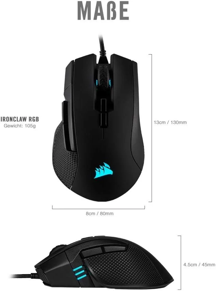 Ігрова миша Corsair Ironclaw RGB Optical FPS/MOBA Чорна, фото №7