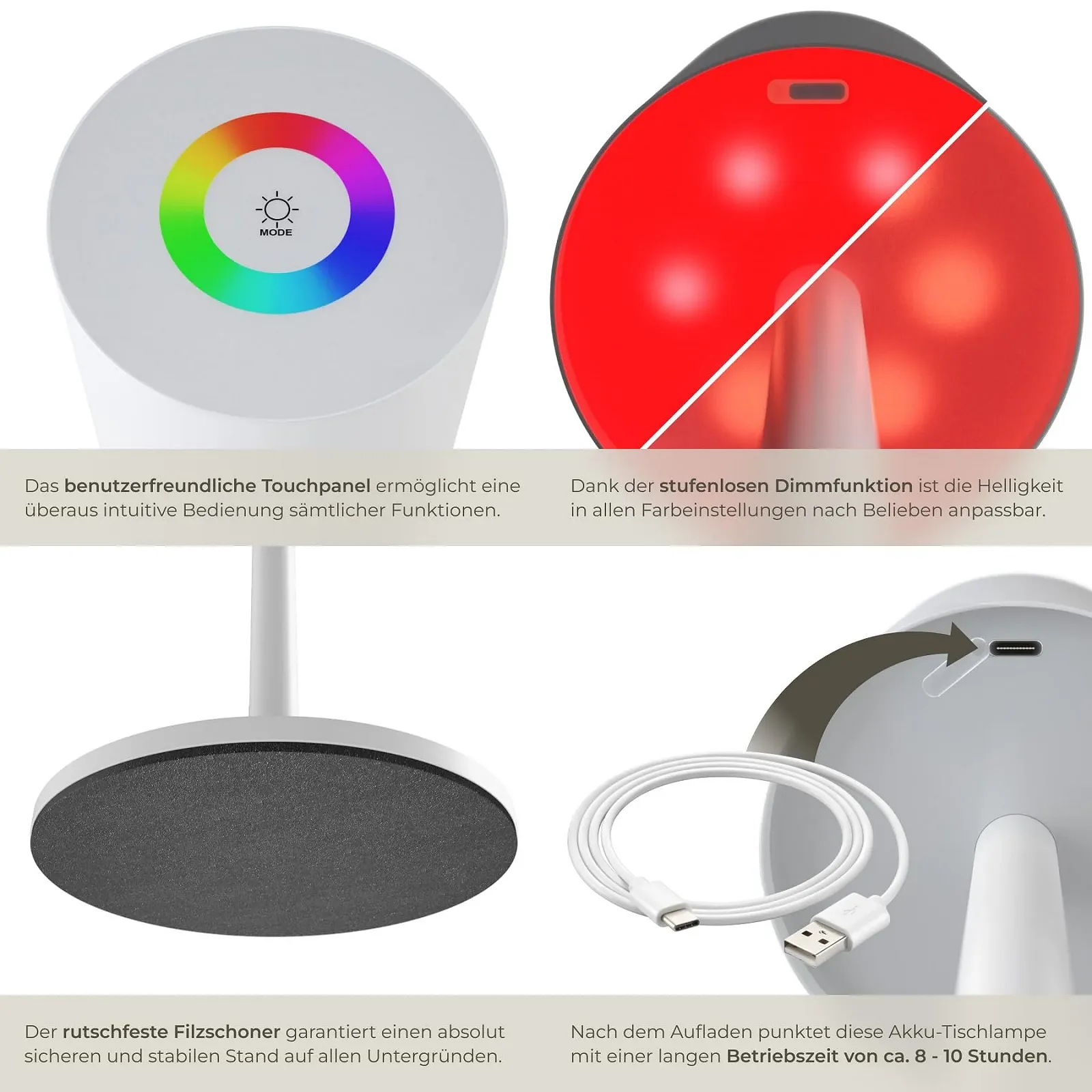 Настільна лампа tectake LED акумуляторна з димуванням Біла, фото №4