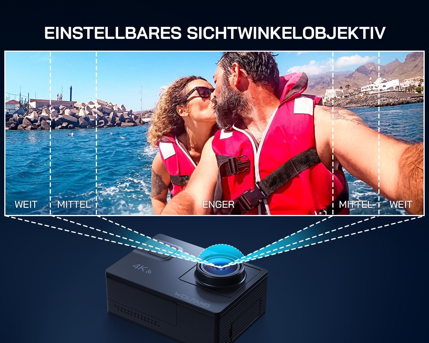 Екшн-камера WOLFANG GA300 4K 60FPS, 24 МП, підводна камера, WiFi, водонепроникна до 40 м, стабілізатор зображення 2.0 ICE, сенсорний екран, камера для шолома, 8-кратний зум (зовнішній мікрофон, 2 x 1350 мАг батареї та набір аксесуарів), фото №5