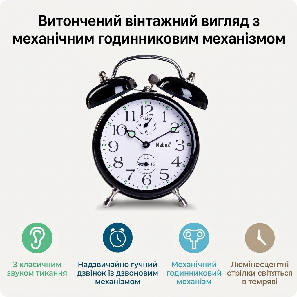 Механічний будильник Mebus Twin Bell Vintage Чорний, фото №2