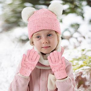 Шапка дитяча зимова з двома помпонами JFAN, з вушками, в'язана, флісова, бавовняна, тепла, мила synthetic.ua - Фото 1