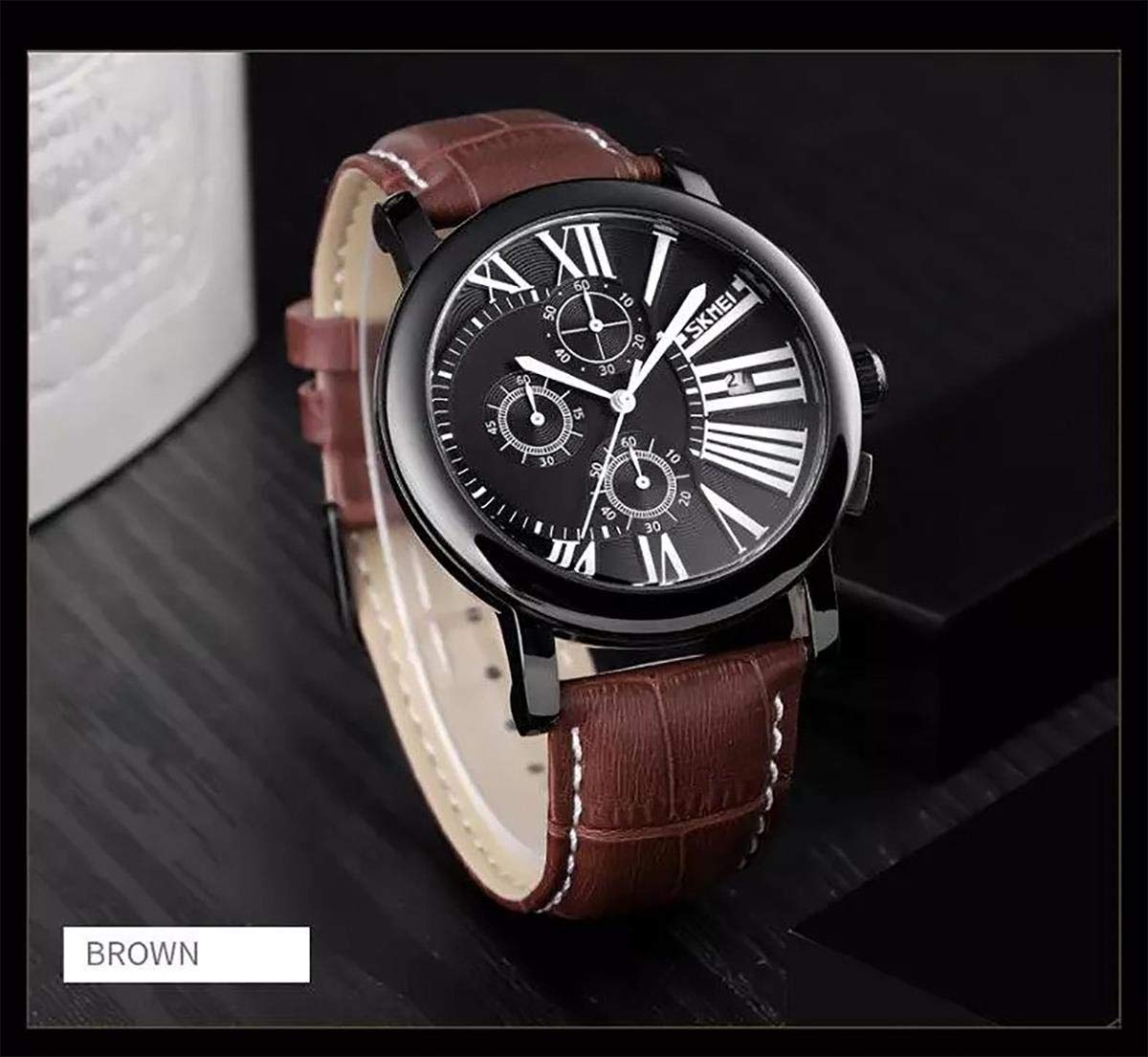 Мужские часы SKMEI Chronograph Date Roman Numerals SK9196VAR Черные с коричневым ремешком, фото №3