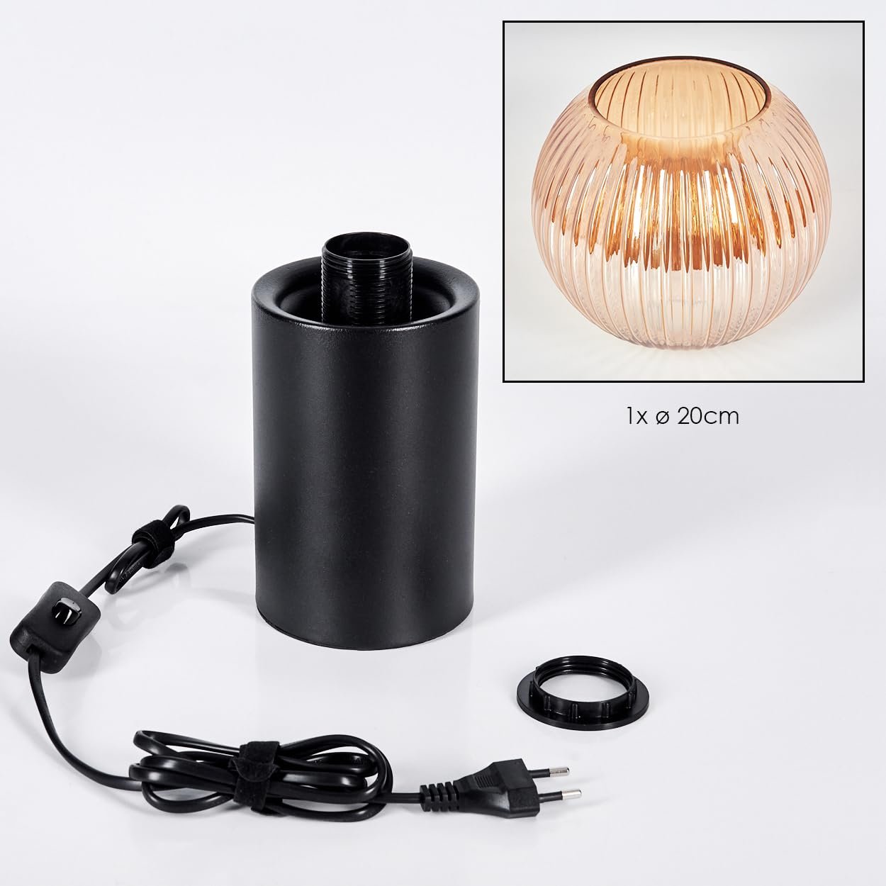 Настільна лампа HOFSTEIN Koyoto з металу та рифленого скла 20 см E27 Чорна/Бурштинова, фото №6