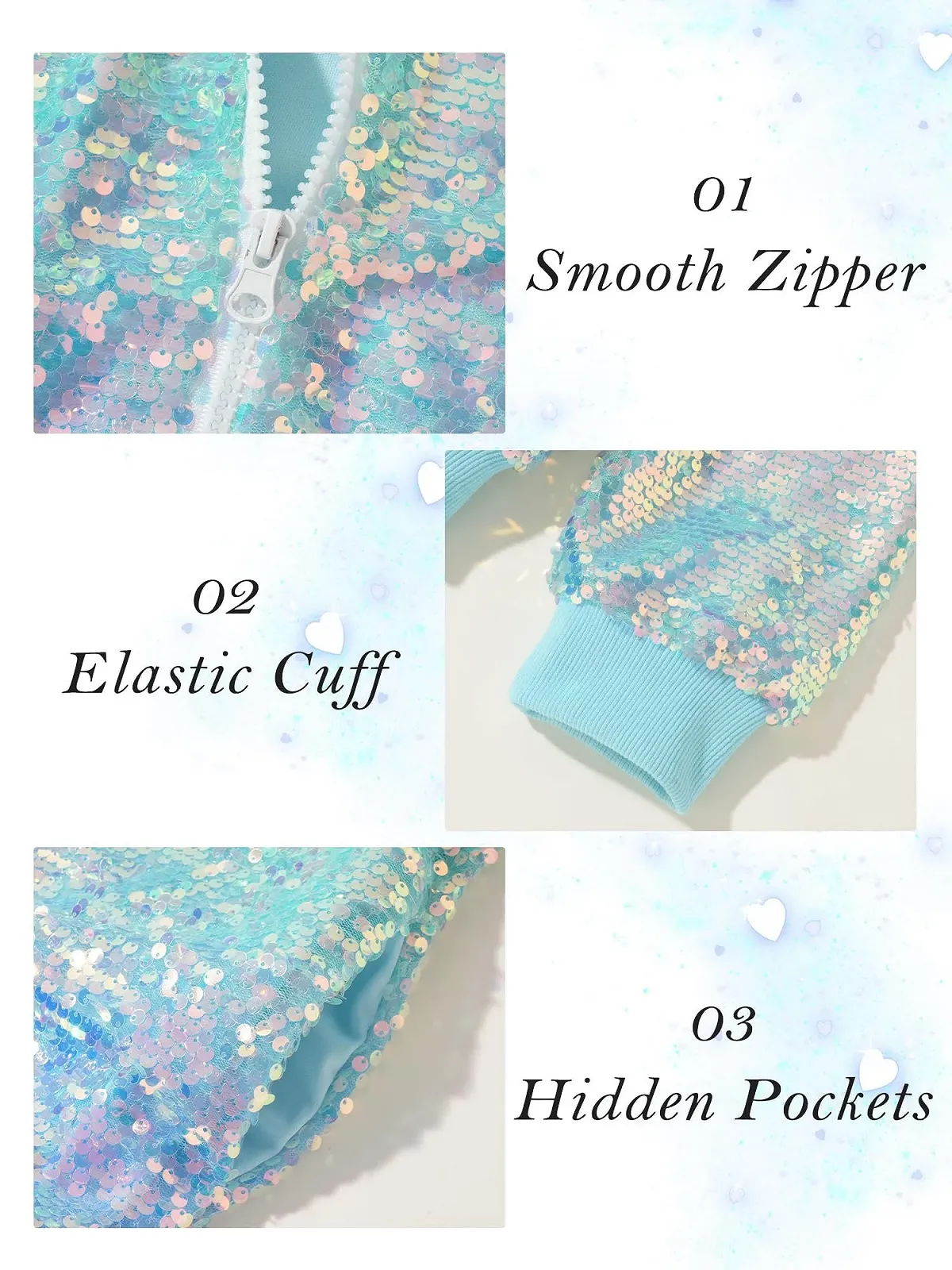 Куртка с блестками для девочек, бомбер с длинными рукавами, градиент с блестками, застежка-молния, карманы, верхняя одежда с блестками для детей, фото №4