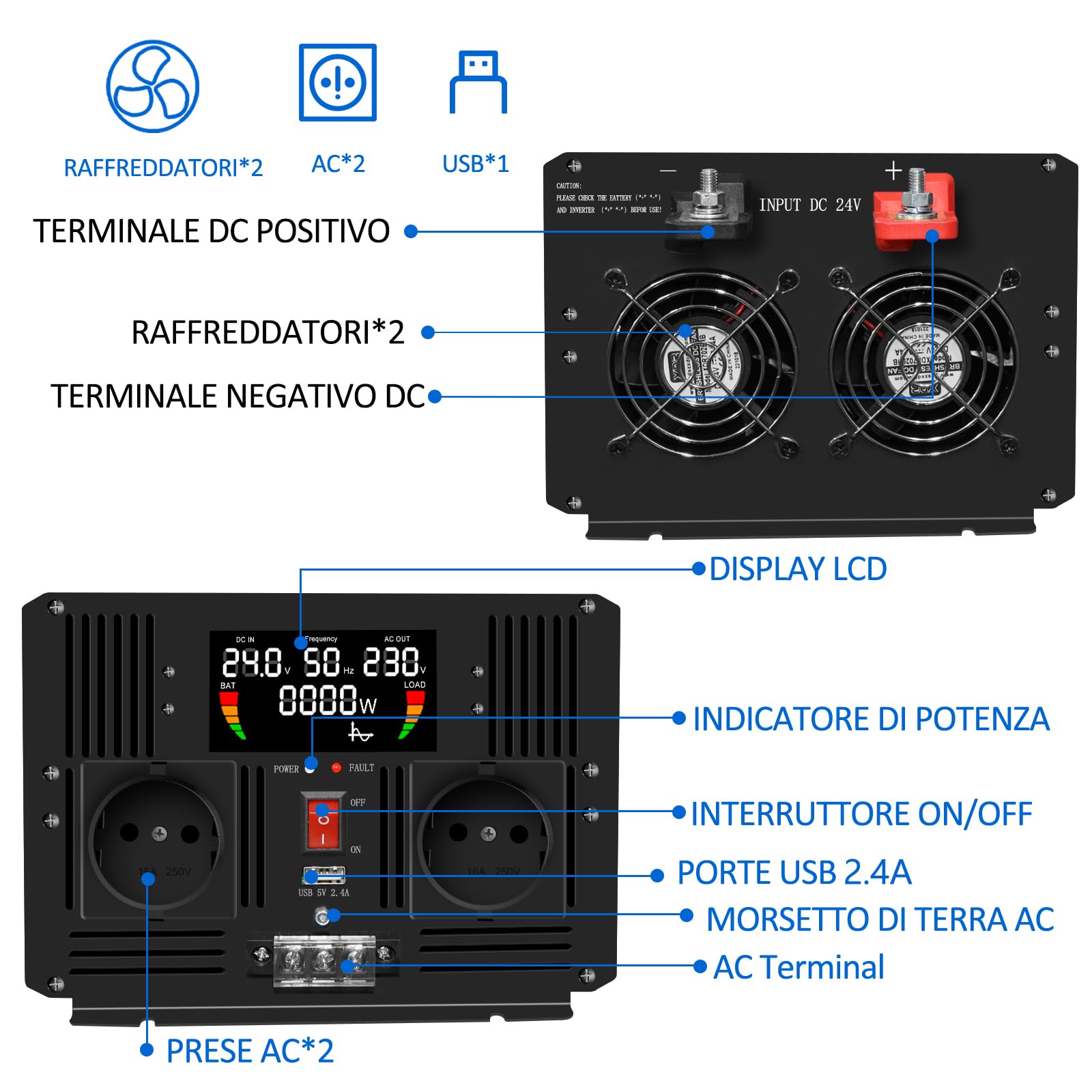 Інвертор JIGUUN Pure Sine Wave 6000 W 24 V 230 V з 2 EU розетками та USB виходом 2.4 A бездротовий пульт дистанційного керування та LCD дисплей пікова потужність 12000 W, фото №6