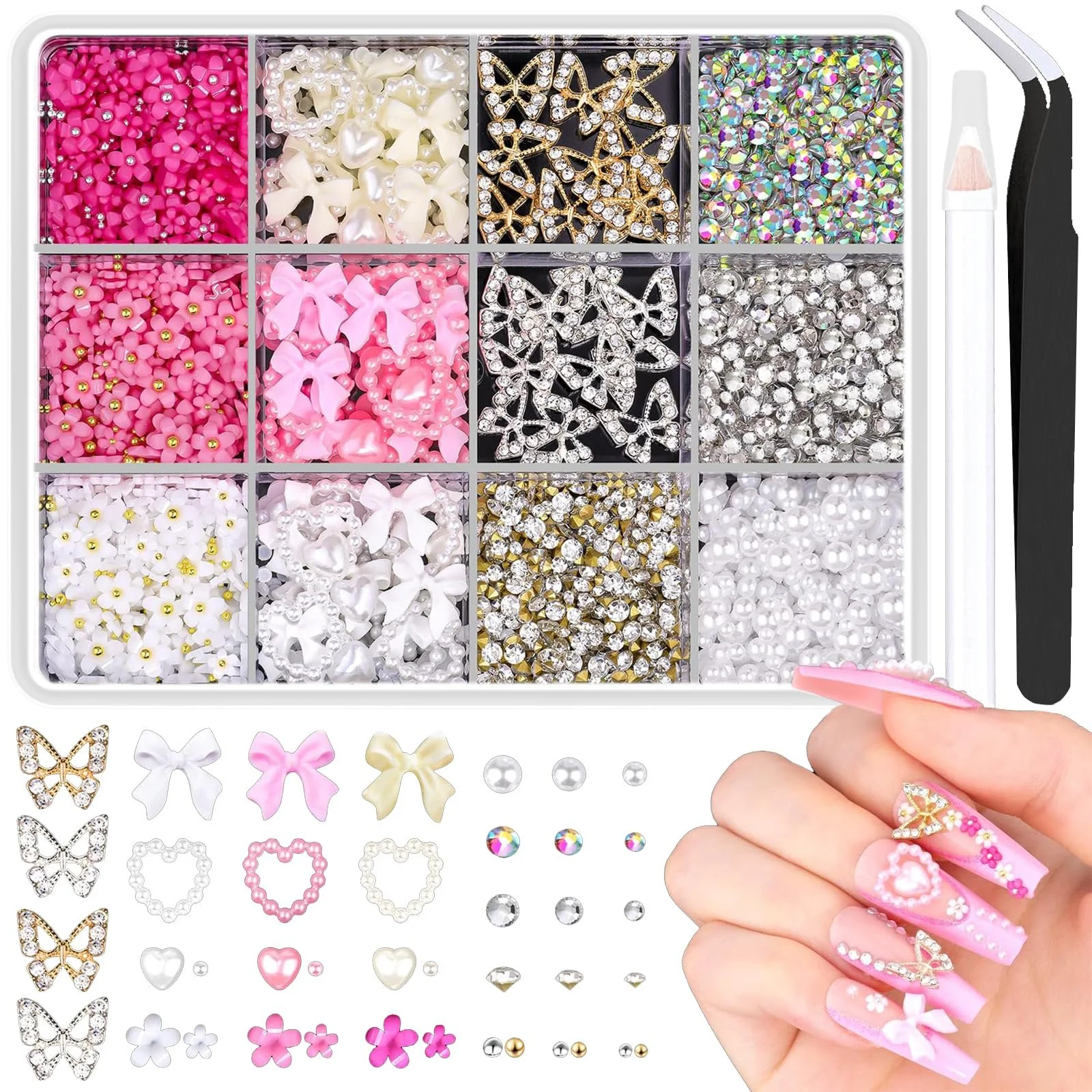 Набор украшений для ногтей Moguri 3D, бабочки, бантики-сердечки, стразы, бисер, камни для ногтей с пинцетом и инструментом для Y2K украшений ногтей, фото №1