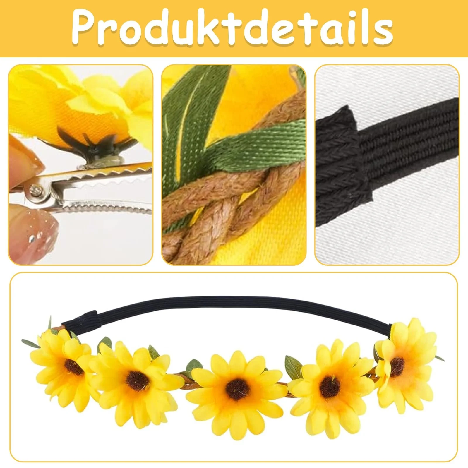 Вінок Квітковий З соняшниками та кліпсами ромашками Жовтий, фото №3 Вінок Квітковий З соняшниками та кліпсами ромашками Жовтий, фото №3