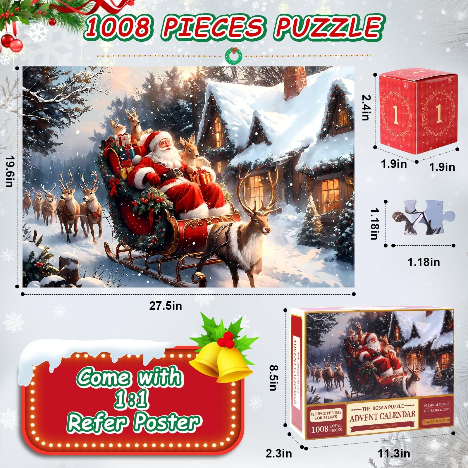 Пазл-адвент-календарь 2025 Санта-Клаус 1008 деталей 24 дня, фото №3