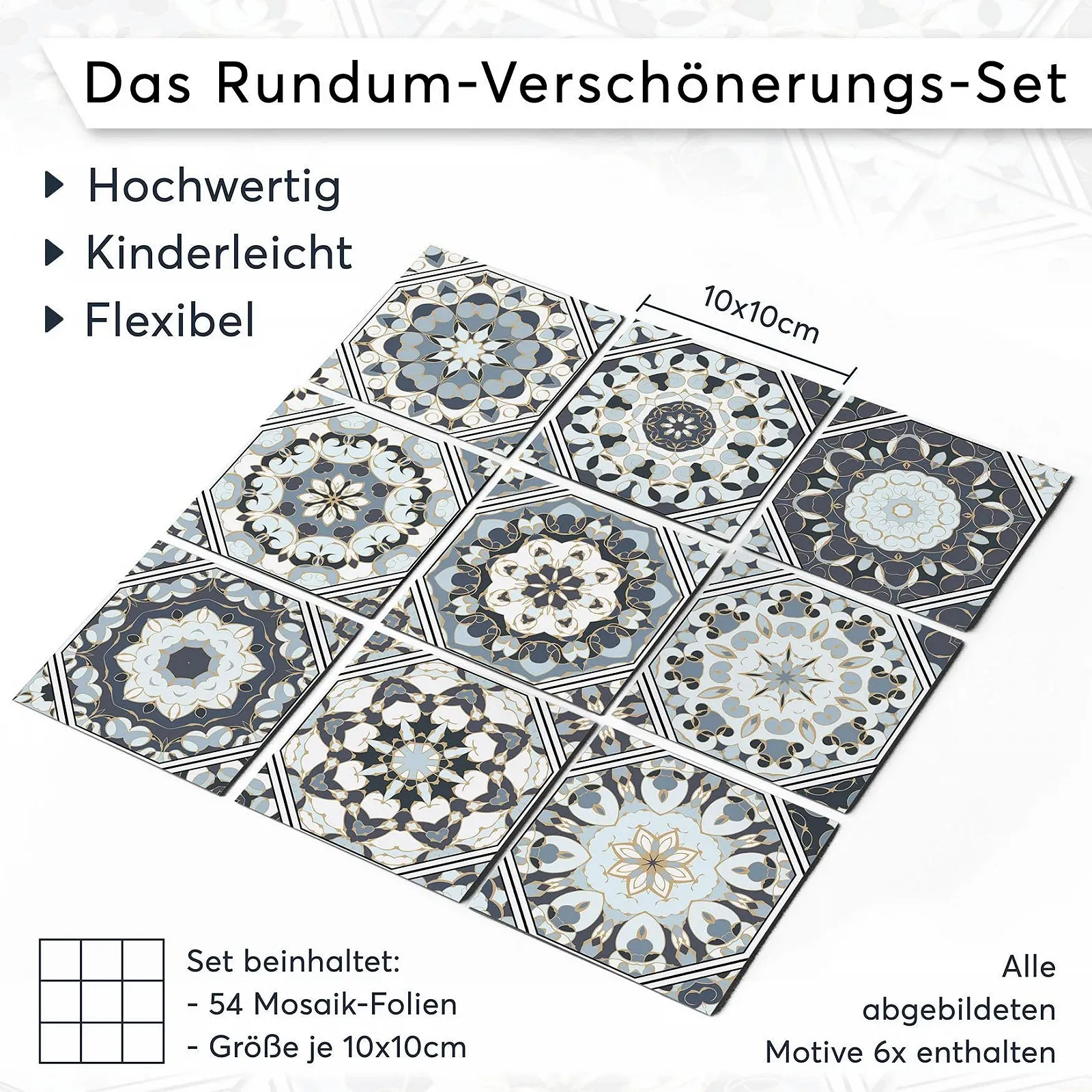 Наклейки на плитку Плівка для ванної та кухні Бірюзові орнаменти 9 шт. 10 x 10 см 54 елементи, фото №7