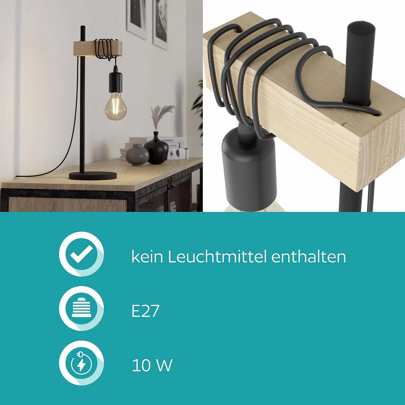 Настільна лампа EGLO Townshend Сталь Дерево Чорний Коричневий E27, фото №5