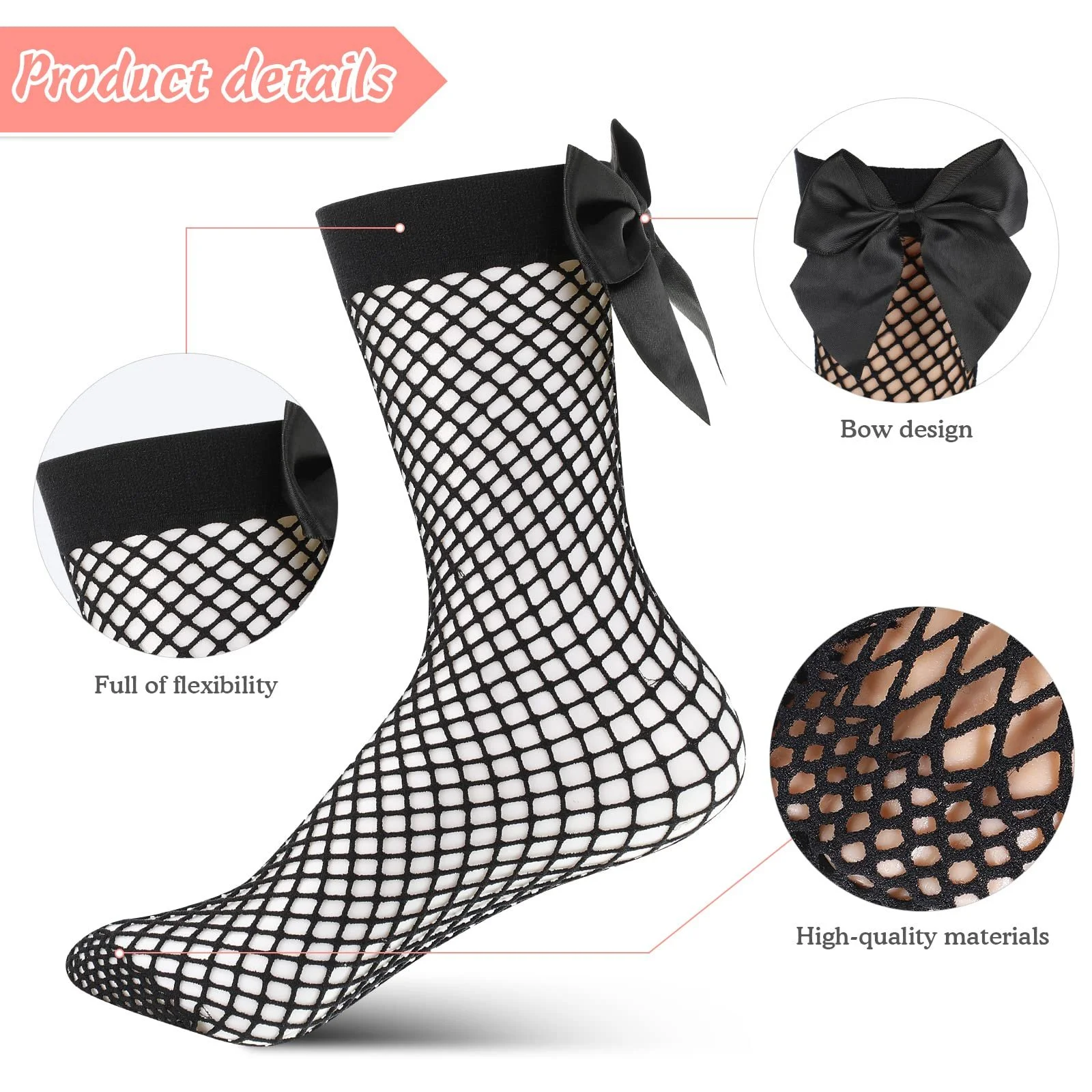 Носки Geyoga Сетка с бантиком, 2 пары, Черный, One size, фото №2