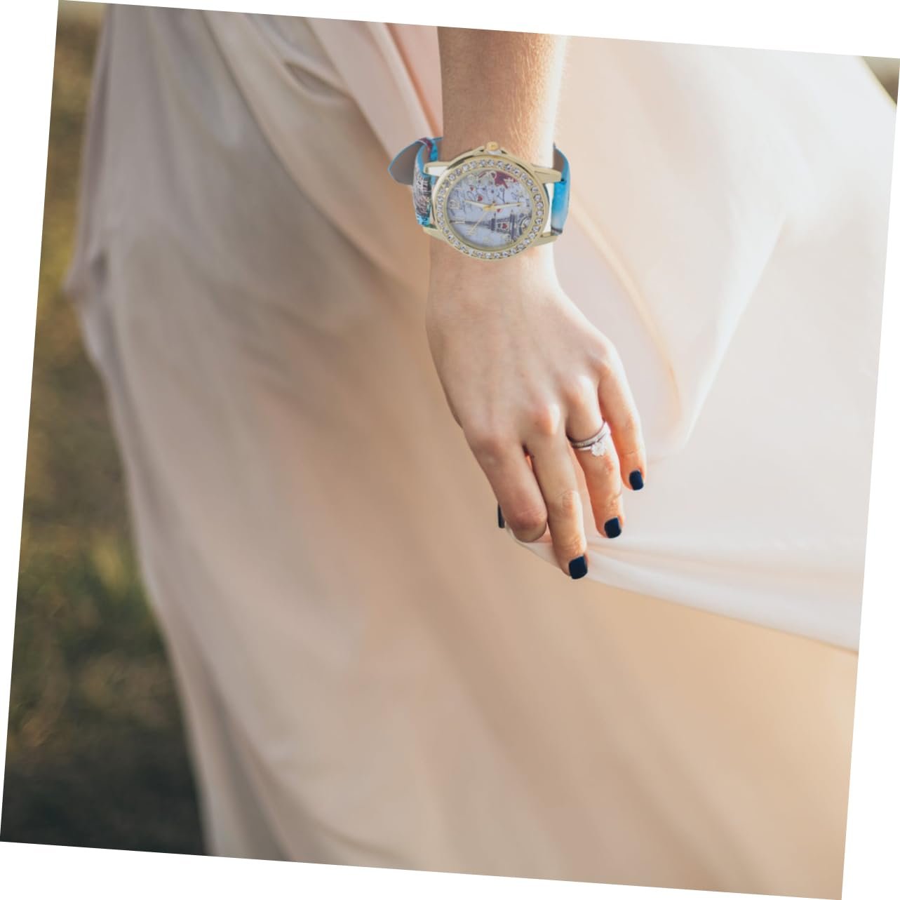 Женские часы PartyKindom с PU кожаным ремешком, регулируемыми стразами и мотивом сердца, аналоговые кварцевые часы, синий, фото №4