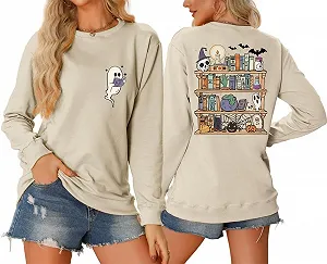 Женский свитшот MLZHAN Ghost Хэллоуин с принтом спереди Книжная полка с привидениями с принтом сзади Топы Осень Зима Повседневные рубашки - Фото 1