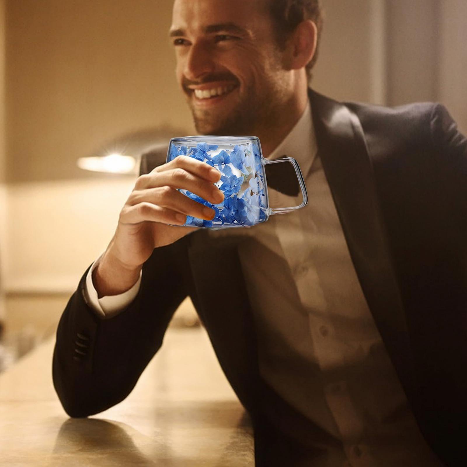 Скляна кавова чашка з квітами всередині, креативна двошарова склянка з сухоцвітами 200 мл, фото №6