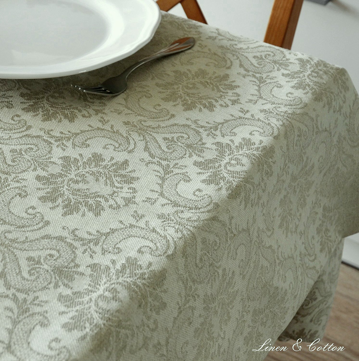 Скатертина Linen & Cotton Waverly жакардова дамаська 52% льон 48% бавовна бежева 147 x 200 см, фото №4