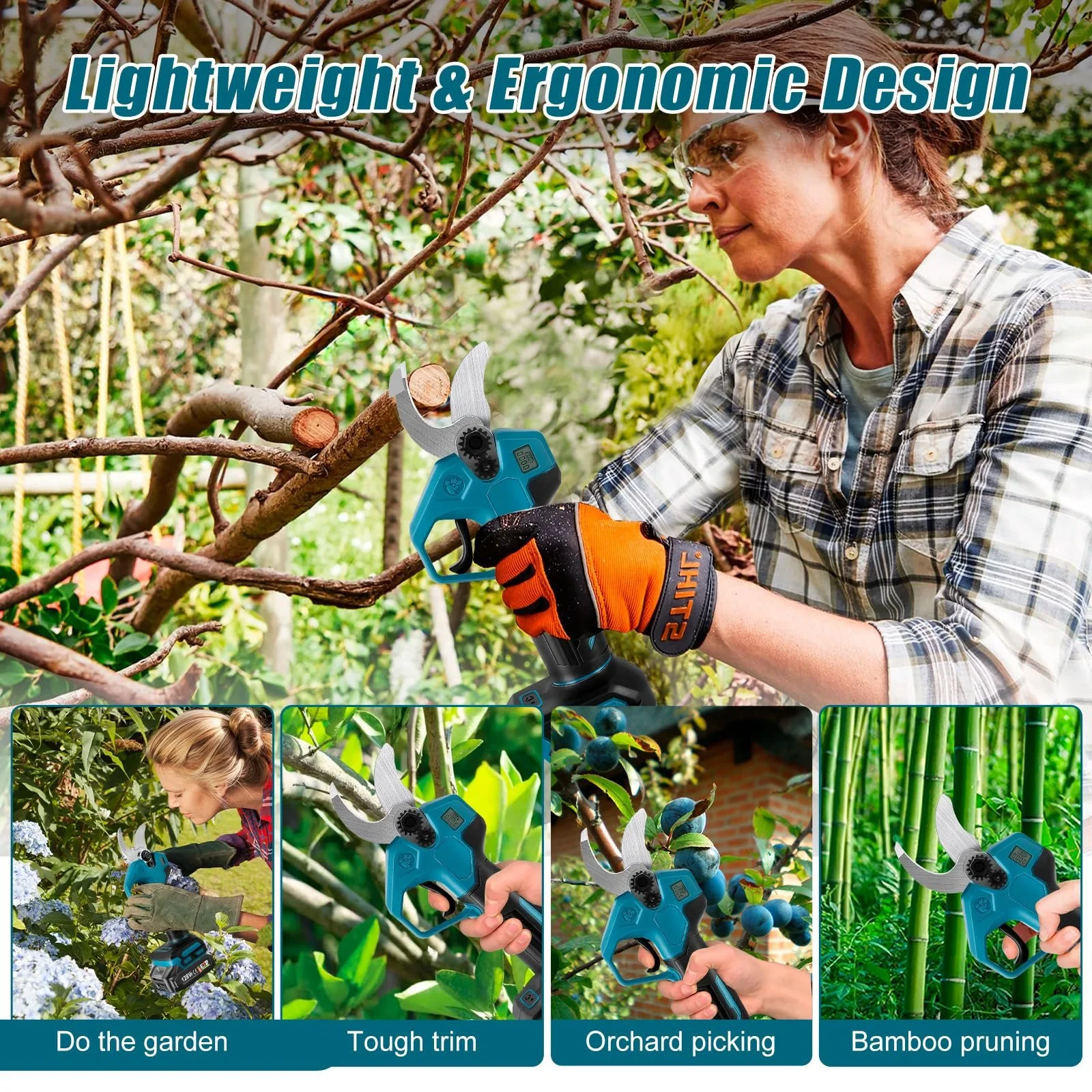 Акумуляторний гілкоріз WingFly, електричний секатор з 2 акумуляторами, безщітковий двигун, максимальний діаметр різання 28 мм, синій, фото №5