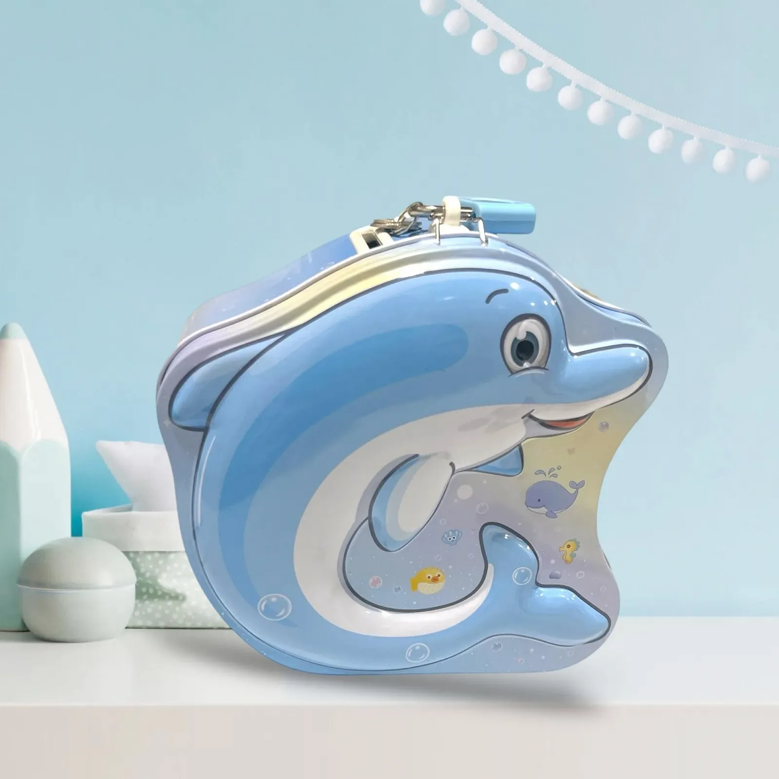 Скарбничка дитяча металева з замком та ключем Dolphin Blue, фото №6