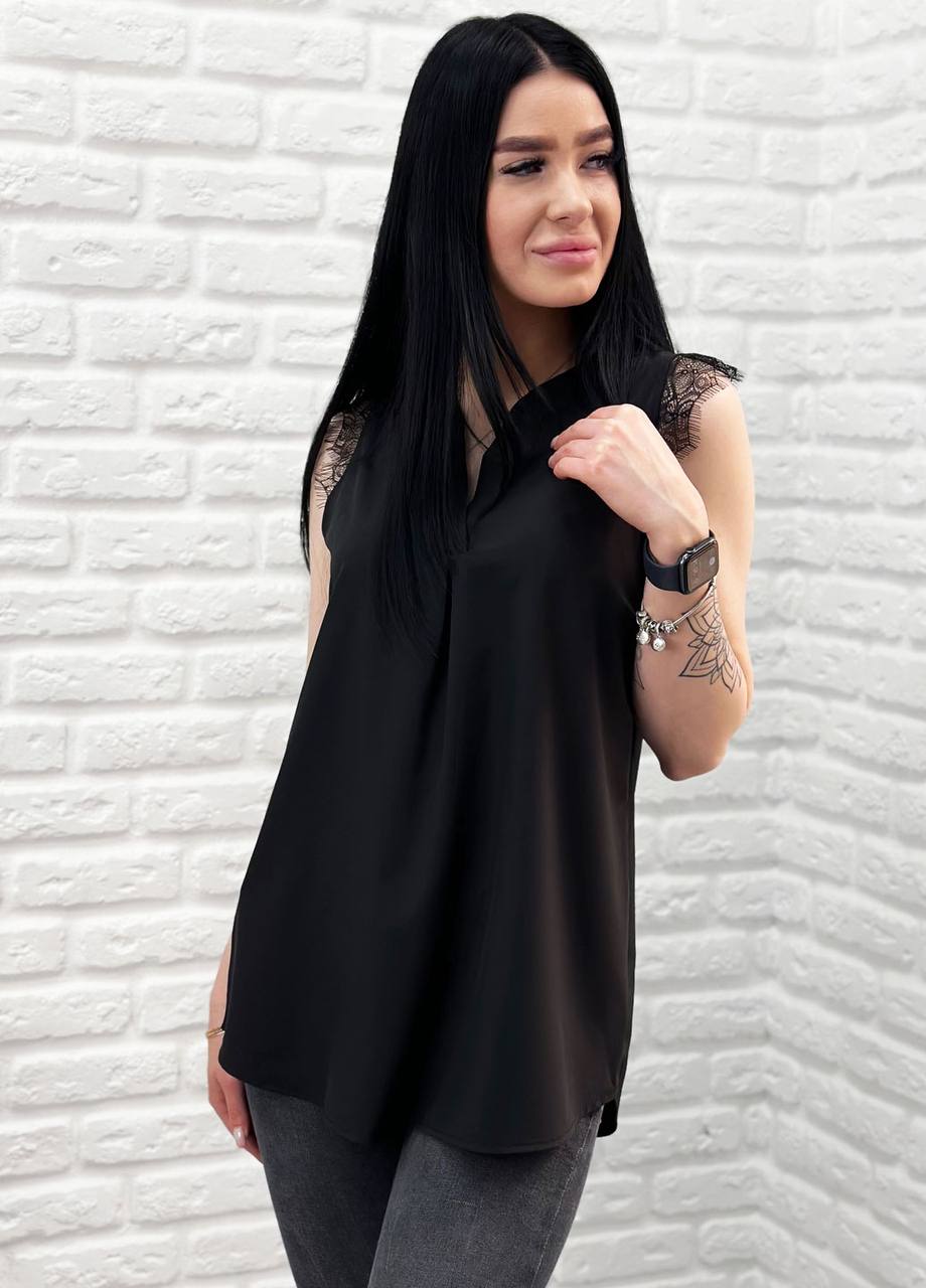 Женская легкая летняя удлиненная блуза с кружевом GF04171 цвет черный размер 48, фото №1