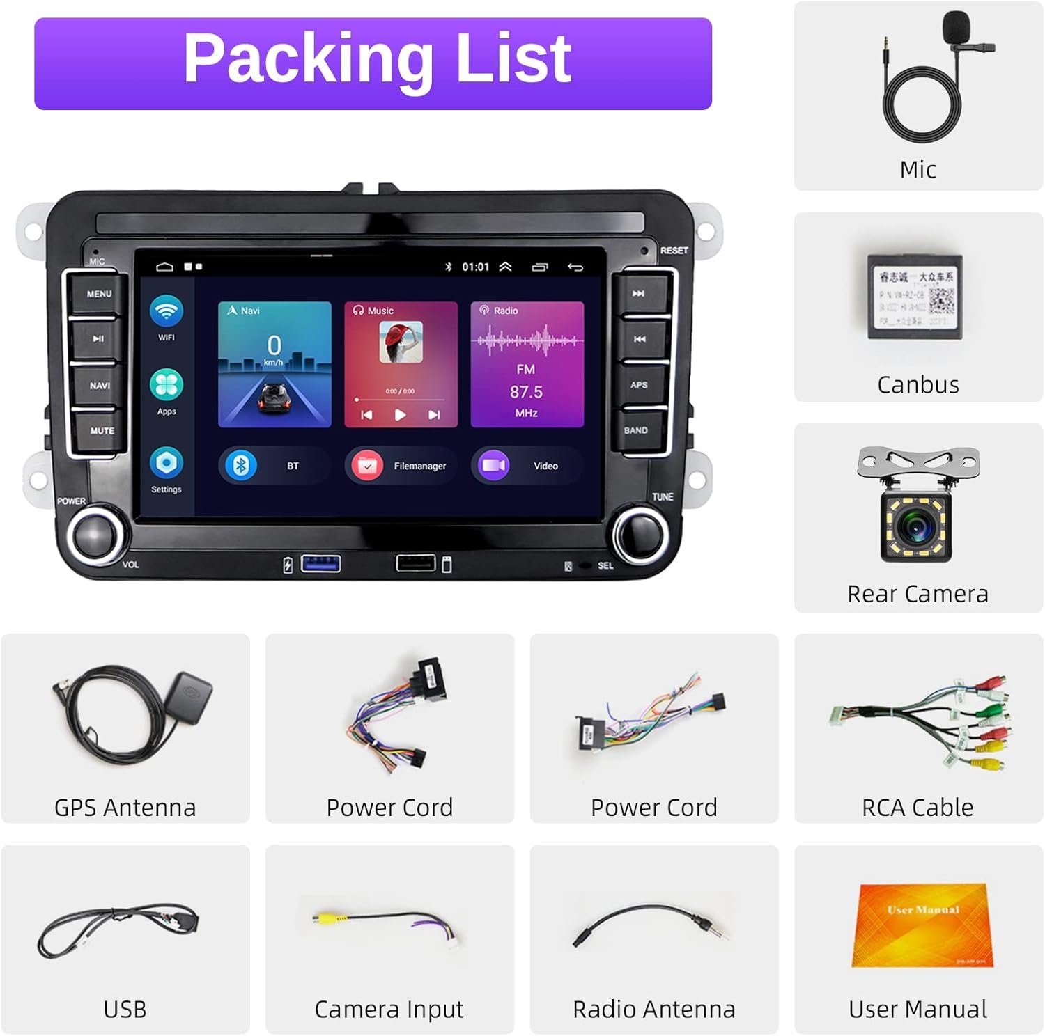 Штатна автомагнітола Podofo для VW Golf 5 6 Polo Passat / 7" / Сенсорна / 1/32Гб / Android 13 / Apple CarPlay / Android Auto / Bluetooth / WI-FI / GPS / FM / USB, фото №8