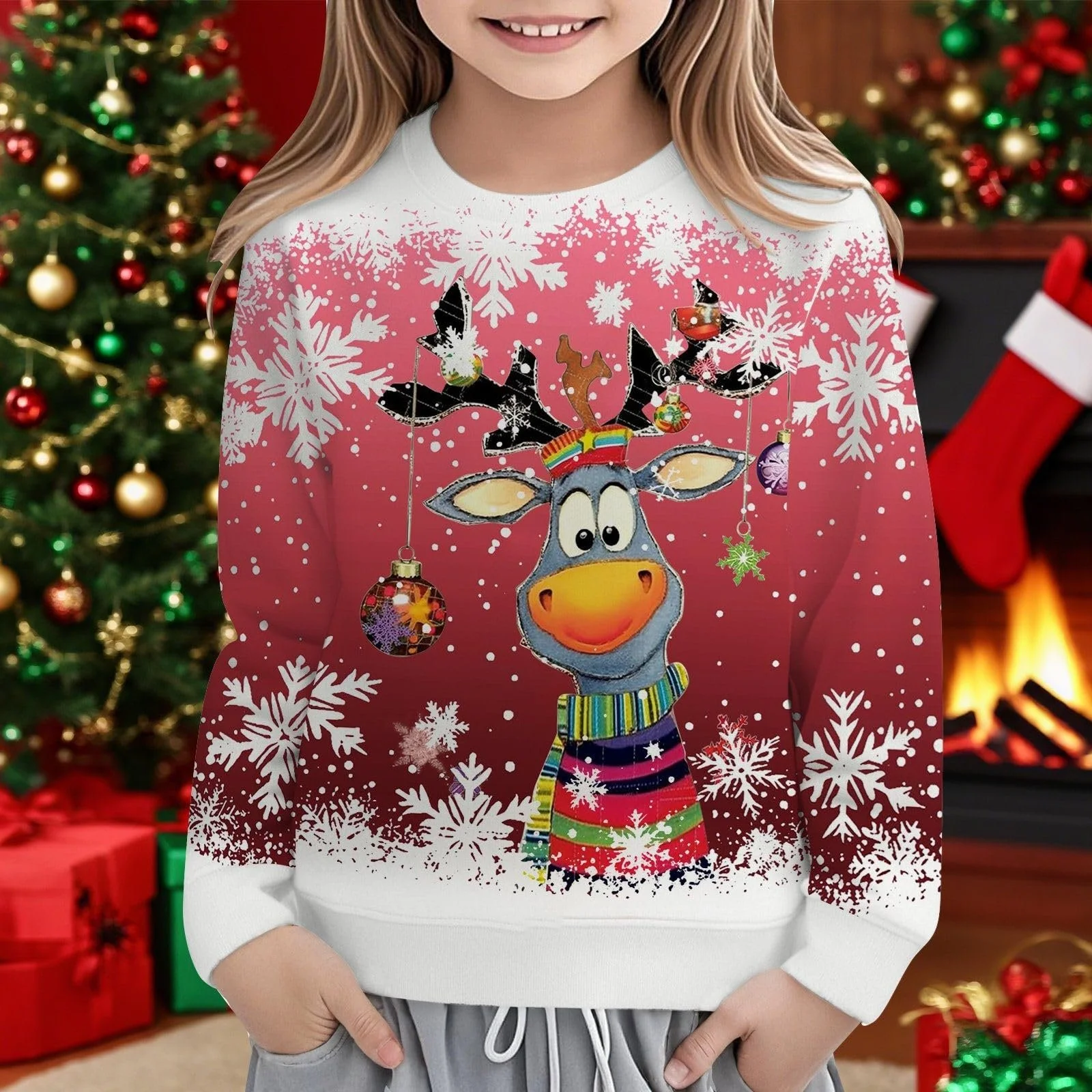Рождественский джемпер Детский, Детская толстовка для девочек 134 Праздничная толстовка с принтом оленя, с длинными рукавами, круглым вырезом для праздников, уютный повседневный пуловер, фото №3