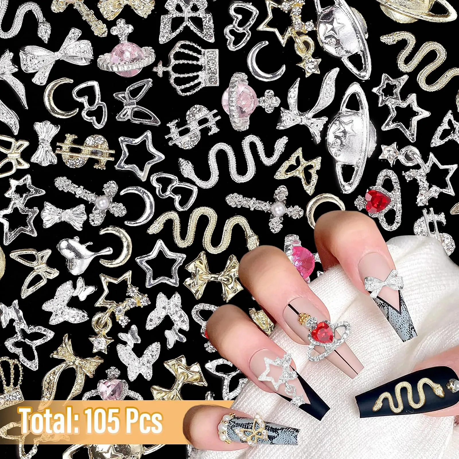 Украшения для ногтей Планета Корона Доллар Украшения для ногтей Змея Звезда Бант Подвеска для ногтей 3D Крест Ювелирные подвески для ногтей + Золотые долларовые подвески для DIY украшений для ногтей 105шт, фото №4