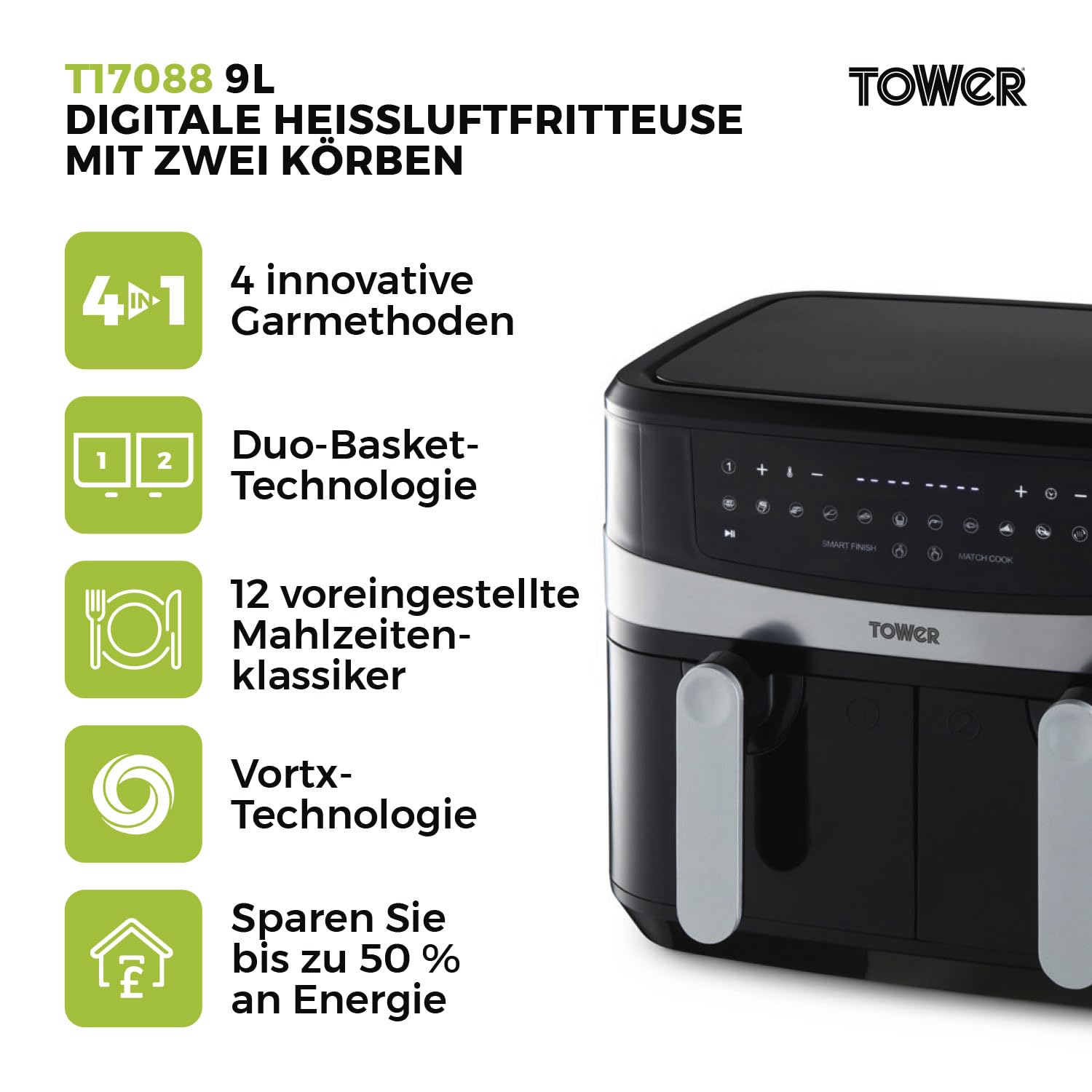 Фритюрница Tower Vortx T17088 9 л с Двумя Корзинами и Умным Завершением Черный, фото №2 Фритюрница Tower Vortx T17088 9 л с Двумя Корзинами и Умным Завершением Черный, фото №2