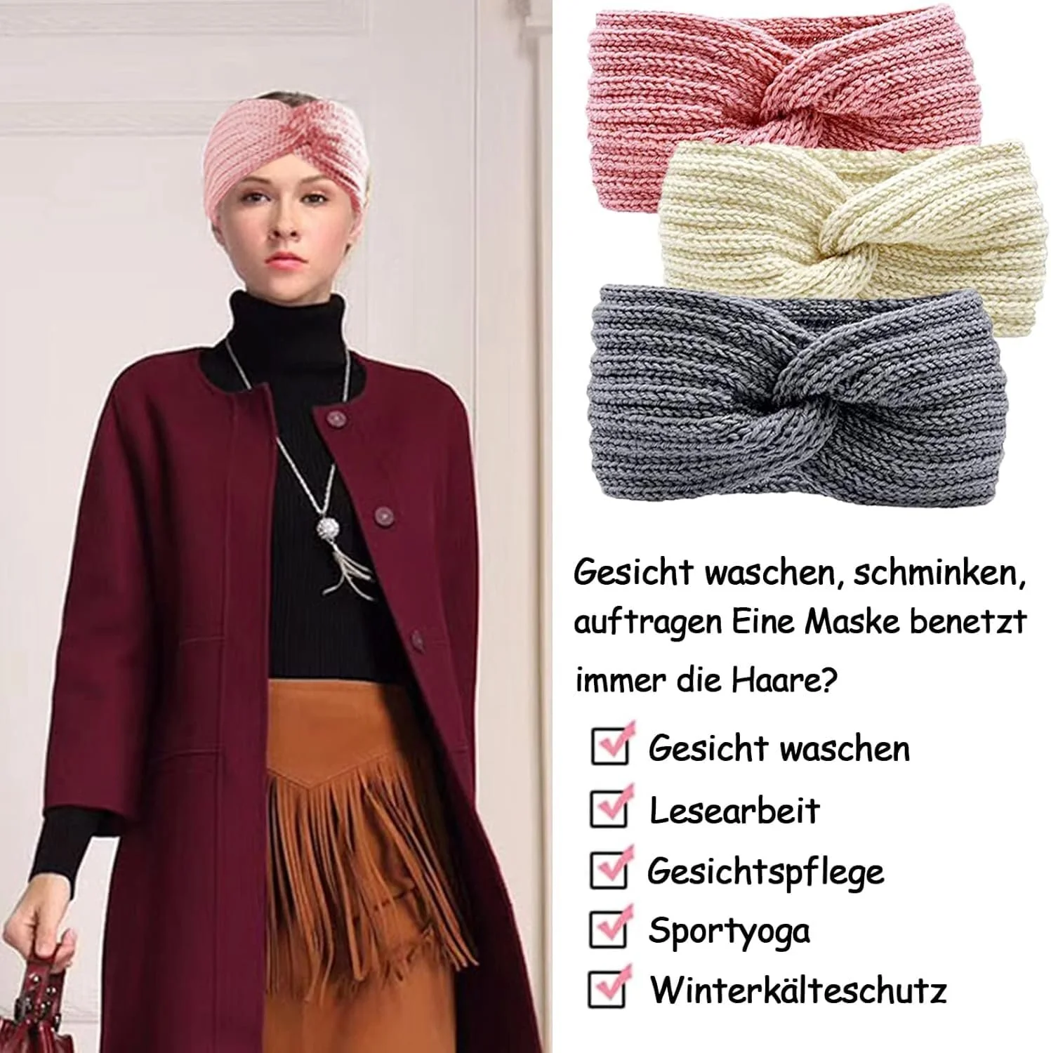 Пов'язка на голову В'язана Зимова Жіноча Комплект 3 штуки, фото №6