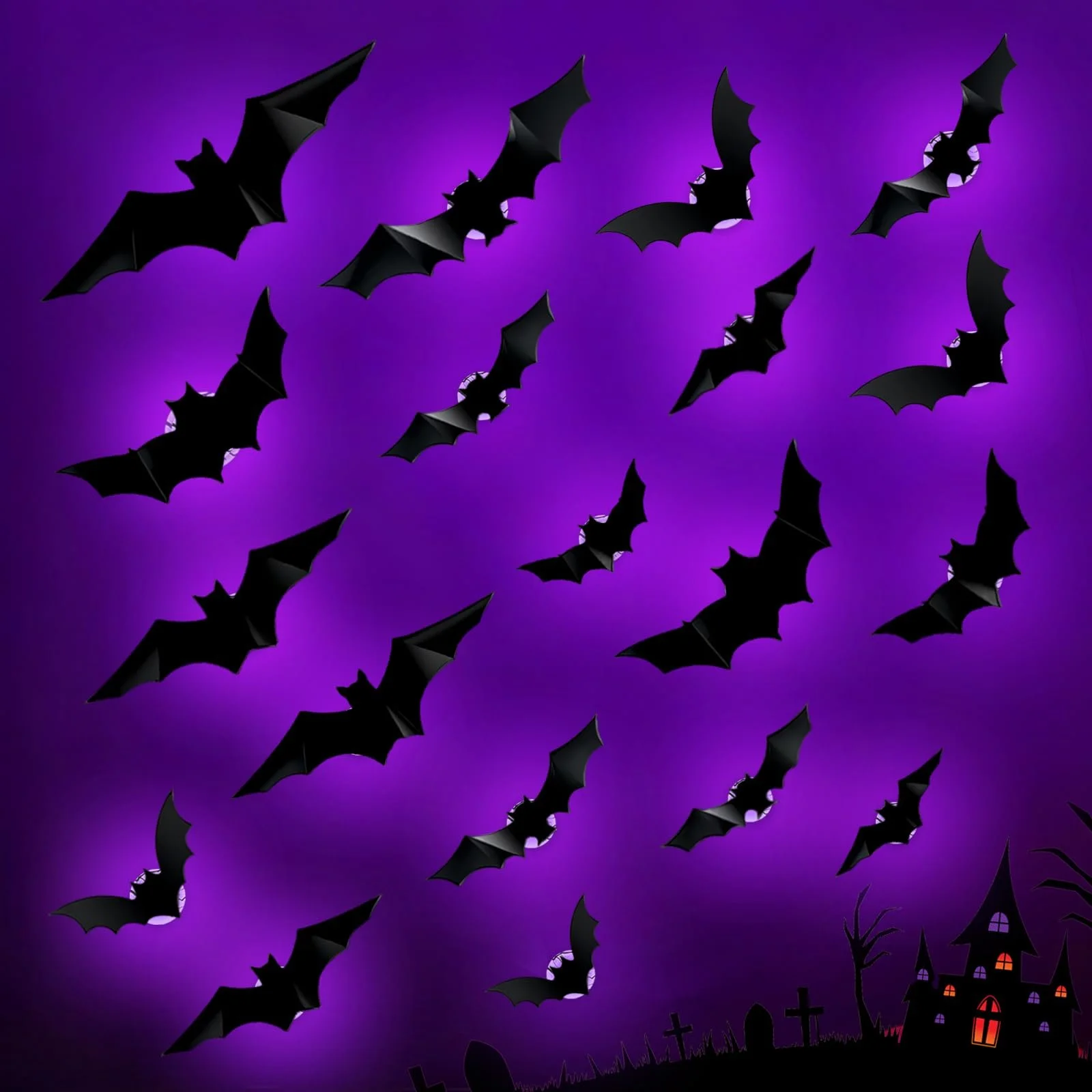Наклейки на стіну Halloween Decorative Bat LED 24 шт. 3D Фіолетовий, фото №1