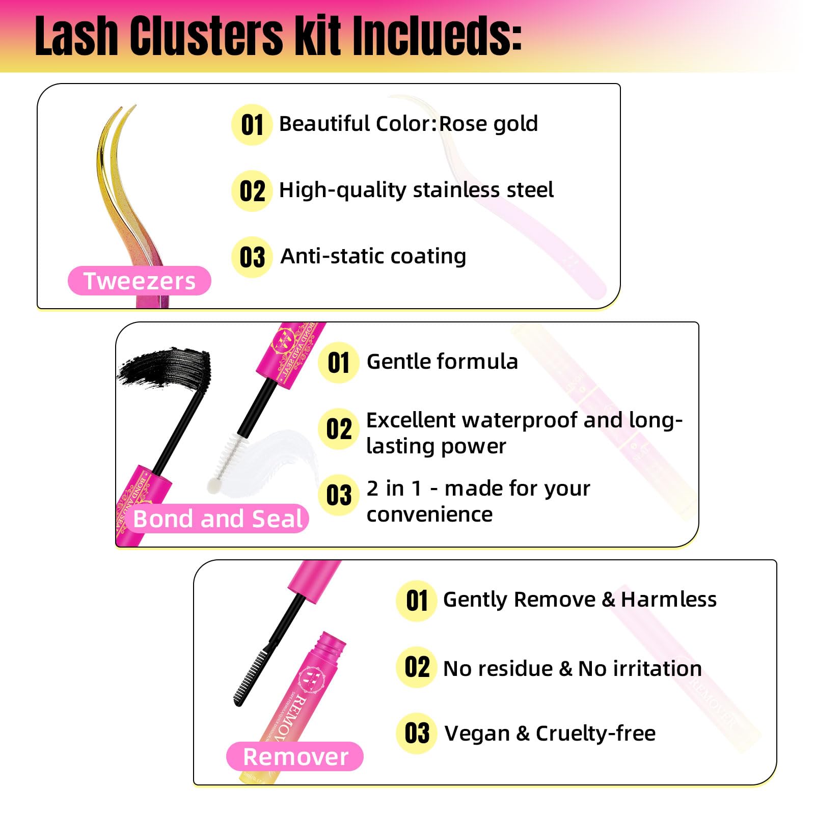 Набір W DIY Eyelash Extension Kit D Curl Cluster Lashes 72 шт. з Клей і Засіб для видалення вій Аплікатор для вій для початківців (ST Kit-D-10-16 мм), фото №5