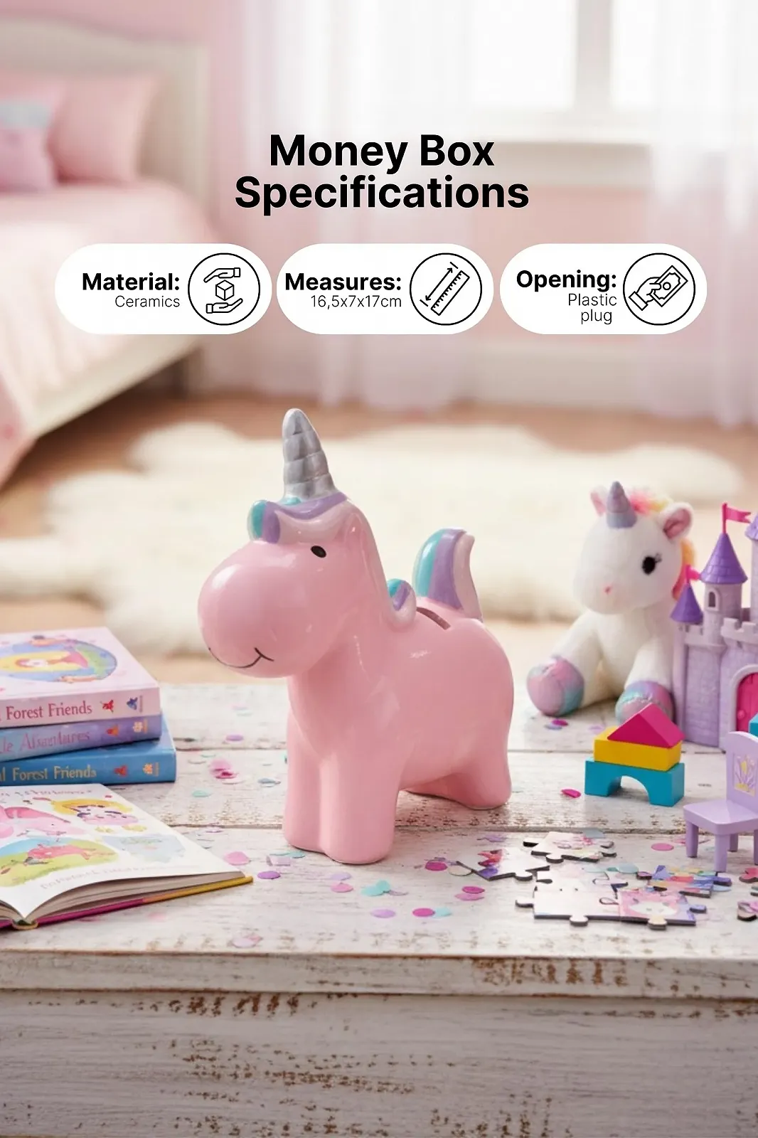 Скарбничка Керамічна Єдиноріг 16,5 x 7 x 17 см Рожева, фото №5