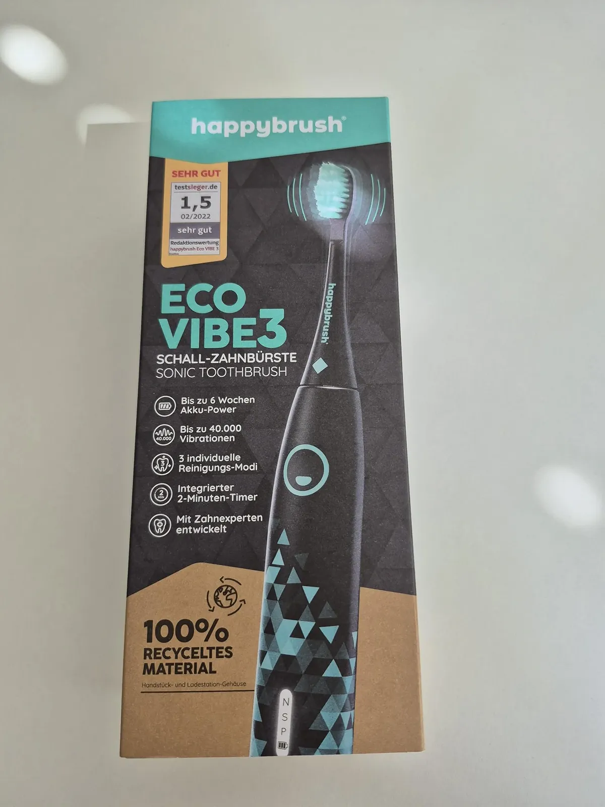 Электрическая звуковая зубная щетка happybrush Eco VIBE 3 набор с насадкой Черная-Мята, фото №2
