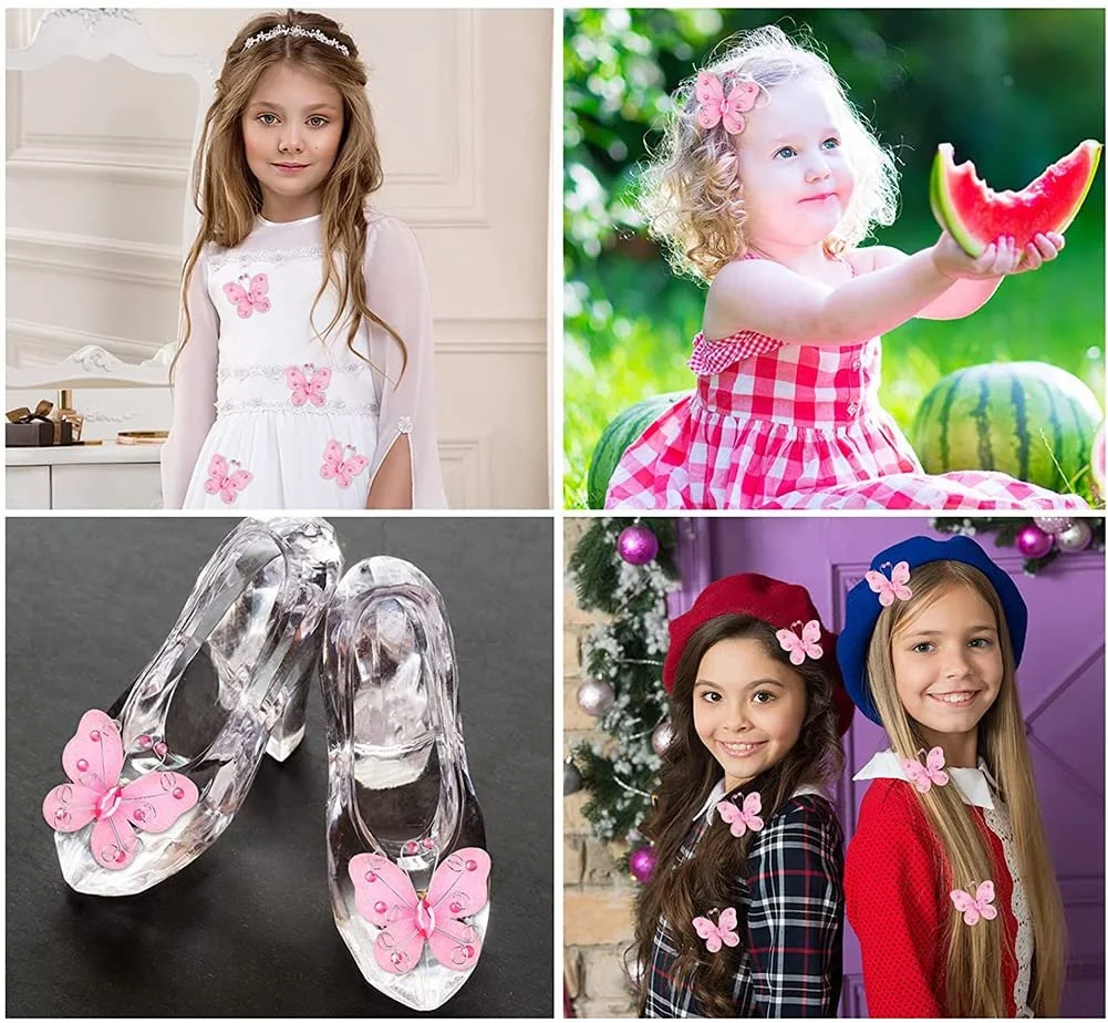 Декоративні наклейки Butterflies Набір 24 шт. Штучні Сітчасті Блискучі Рожеві, фото №6