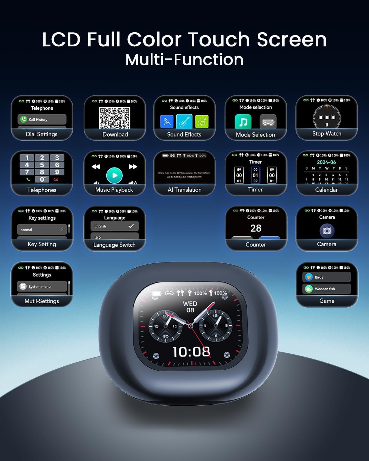 Навушники-перекладачі ANSTEN AI, навушники відкритого типу Bluetooth 5.4, 4-в-1 з сенсорним РК-екраном, фото №6 Навушники-перекладачі ANSTEN AI, навушники відкритого типу Bluetooth 5.4, 4-в-1 з сенсорним РК-екраном, фото №6