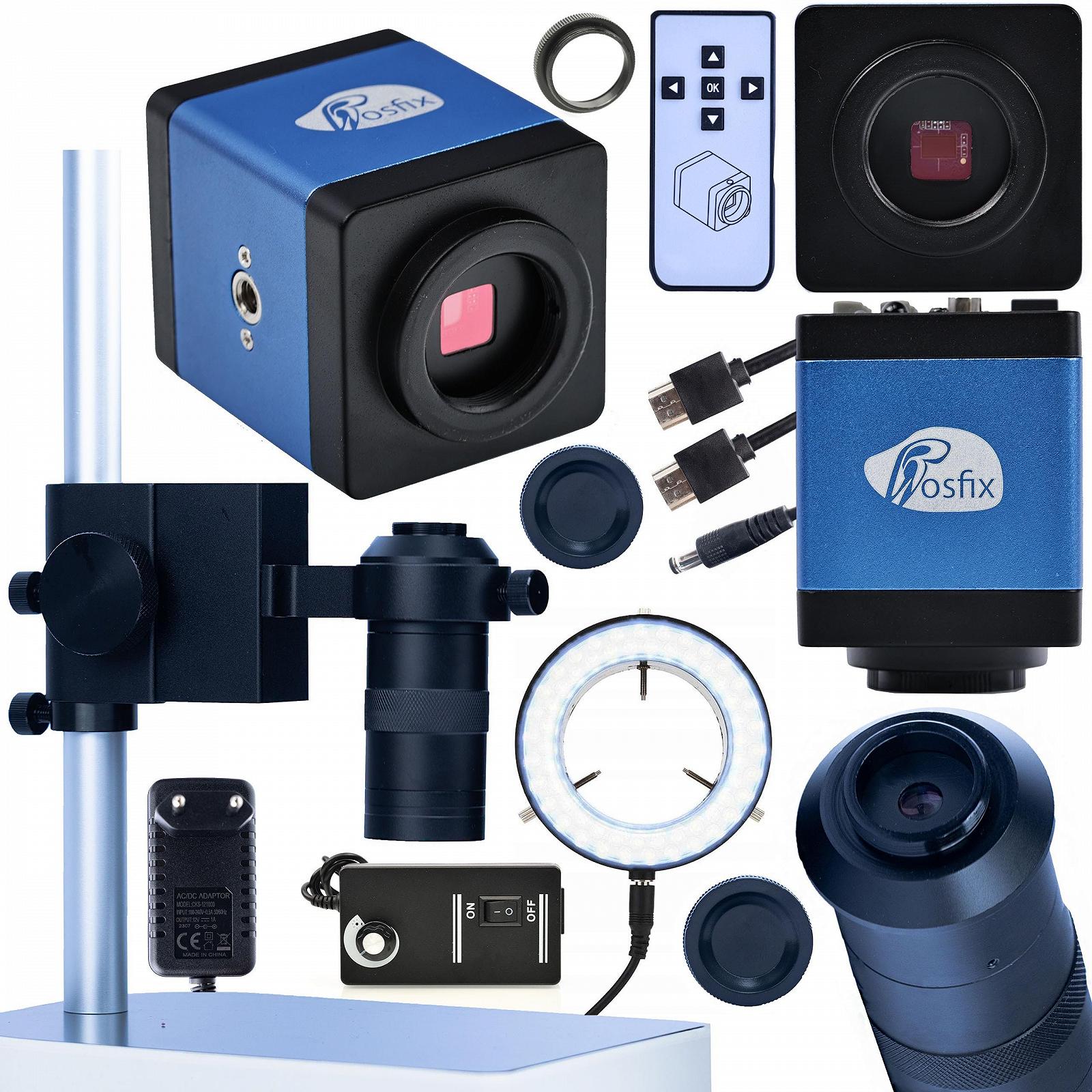 Комплект Rosfix Камера для микроскопа HDMI/VGA 2MP, Объектив 100x C-Mount, Светодиодное кольцевое освещение, Алюминиевый штатив Draco Blue PRO 4-в-1 FullHD, 60 кадров/с, фото №1