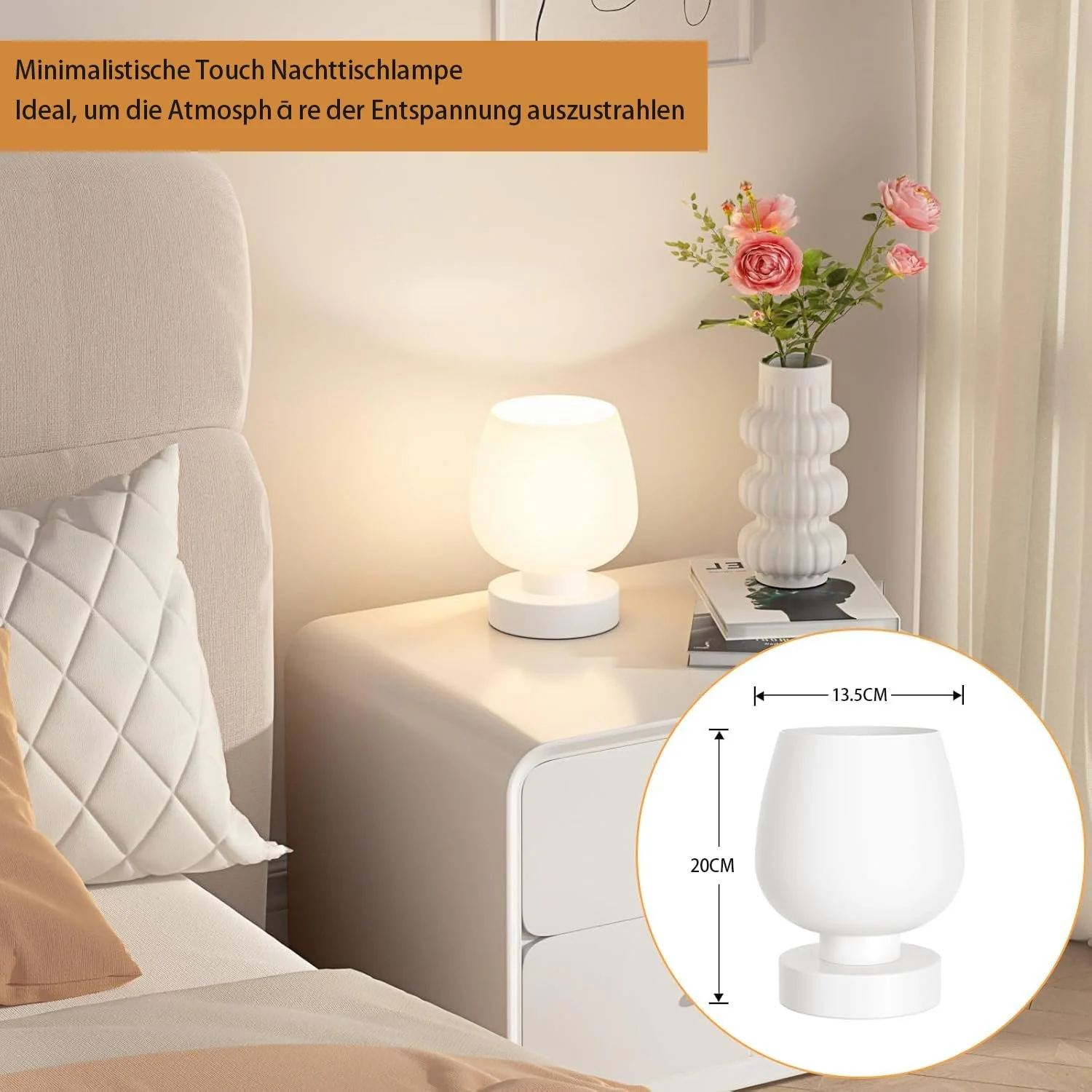 Настільна лампа приліжкова світлодіодна сенсорна з регулюванням яскравості біле опалове скло, фото №6