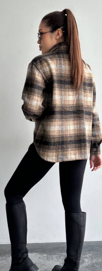 Женская теплая хлопковая рубашка в клетку GDF840 цвет коричневый размер 48/52, фото №3