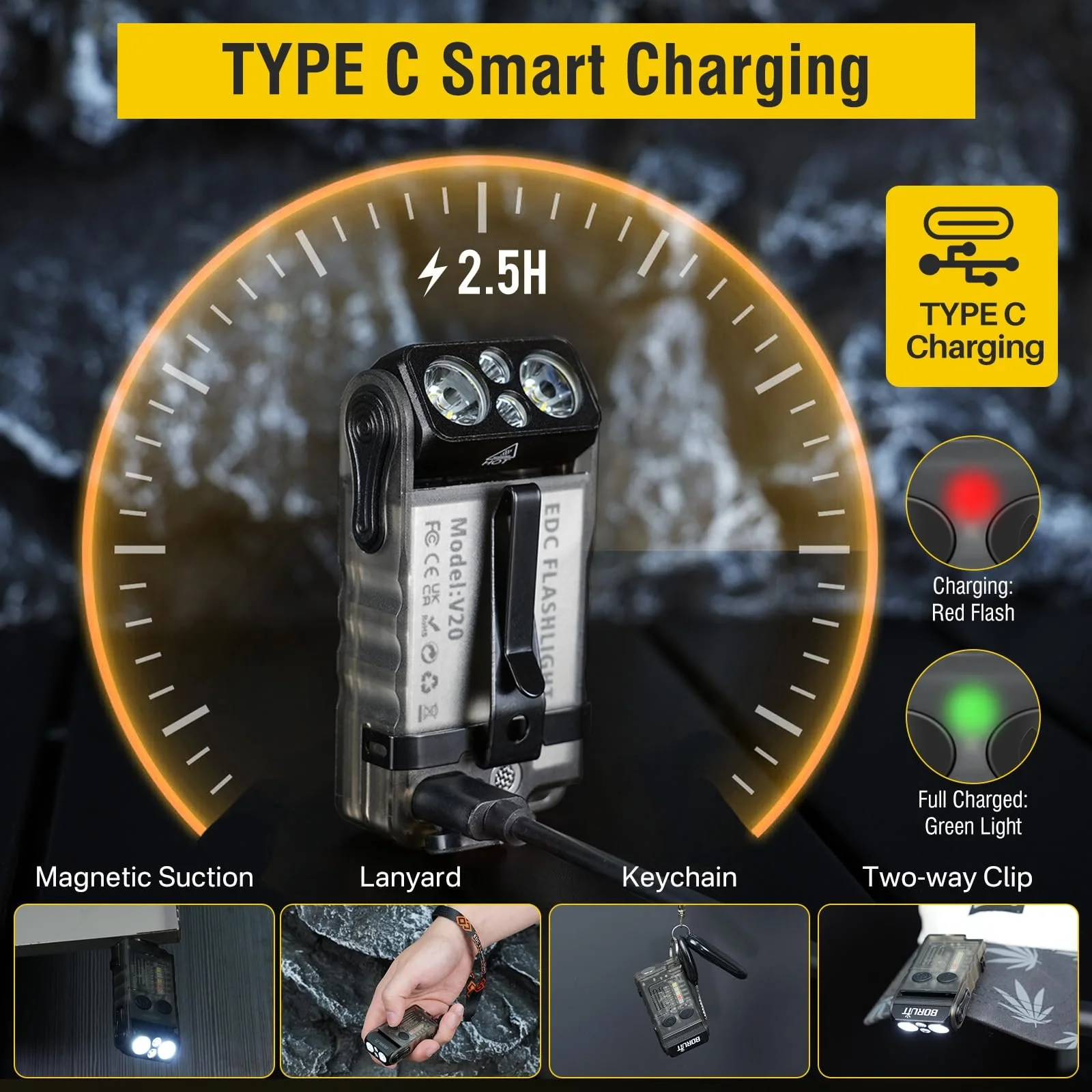 Ліхтар BORUIT V20 LED Перезаряджуваний 1000LM з червоним, синім та теплим світлом, 180 Обертання, 110 dB Зумер Міні, 13 Режимів IP67 Водонепроникний Маленький, фото №7