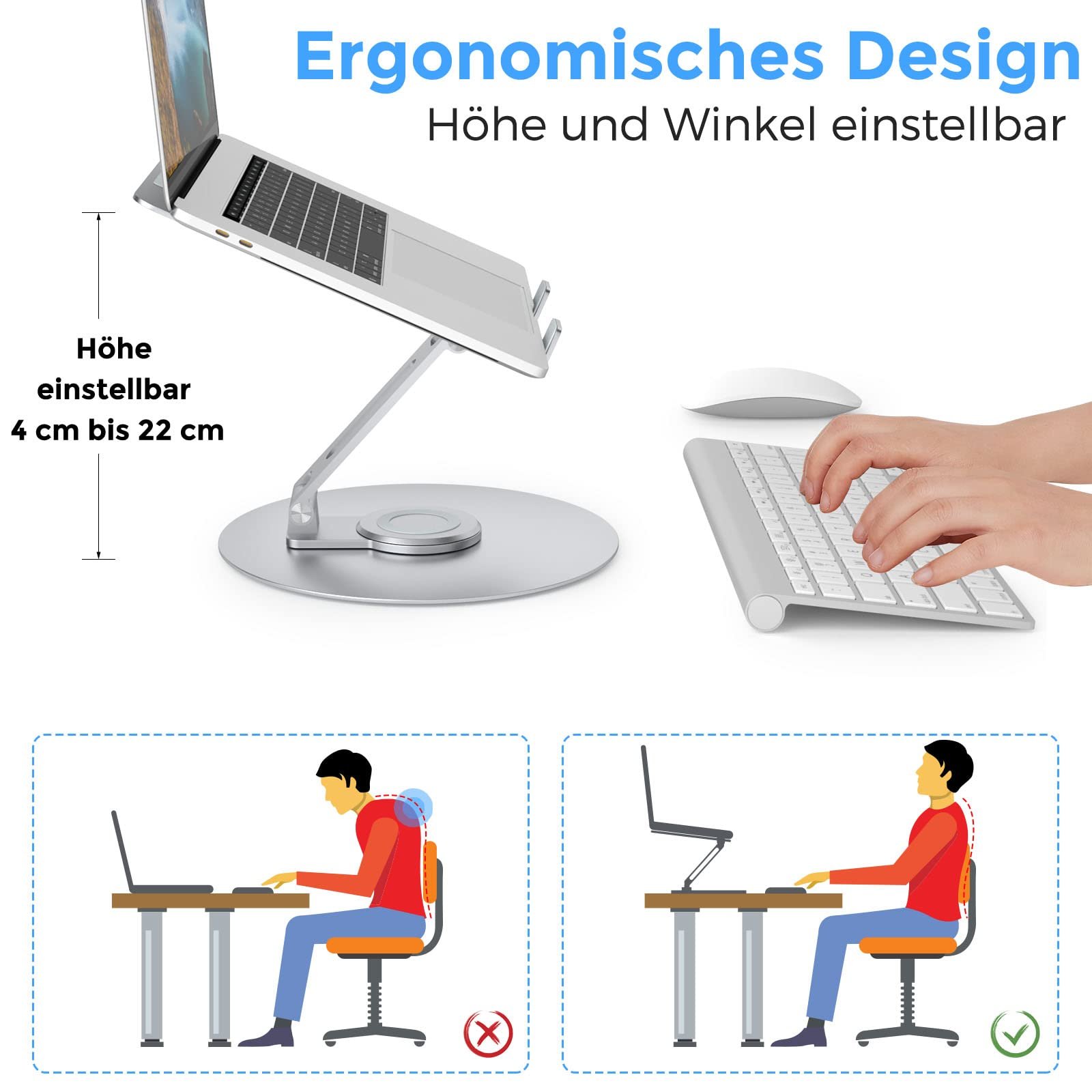 Подставка для ноутбука с вращающимся на 3600 круглым основанием, эргономичная подставка для ноутбука с регулировкой высоты, вентилируемая подставка для компьютера, складной прочный алюминиевый держатель для ноутбука для стола, фото №6